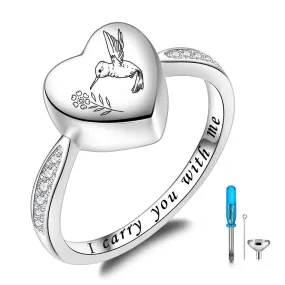 925 Sterling Silver Hummingbird Heart Urn Ring for Ashes I Carry You with Me Cremation Jewelry Hummingbird Ring