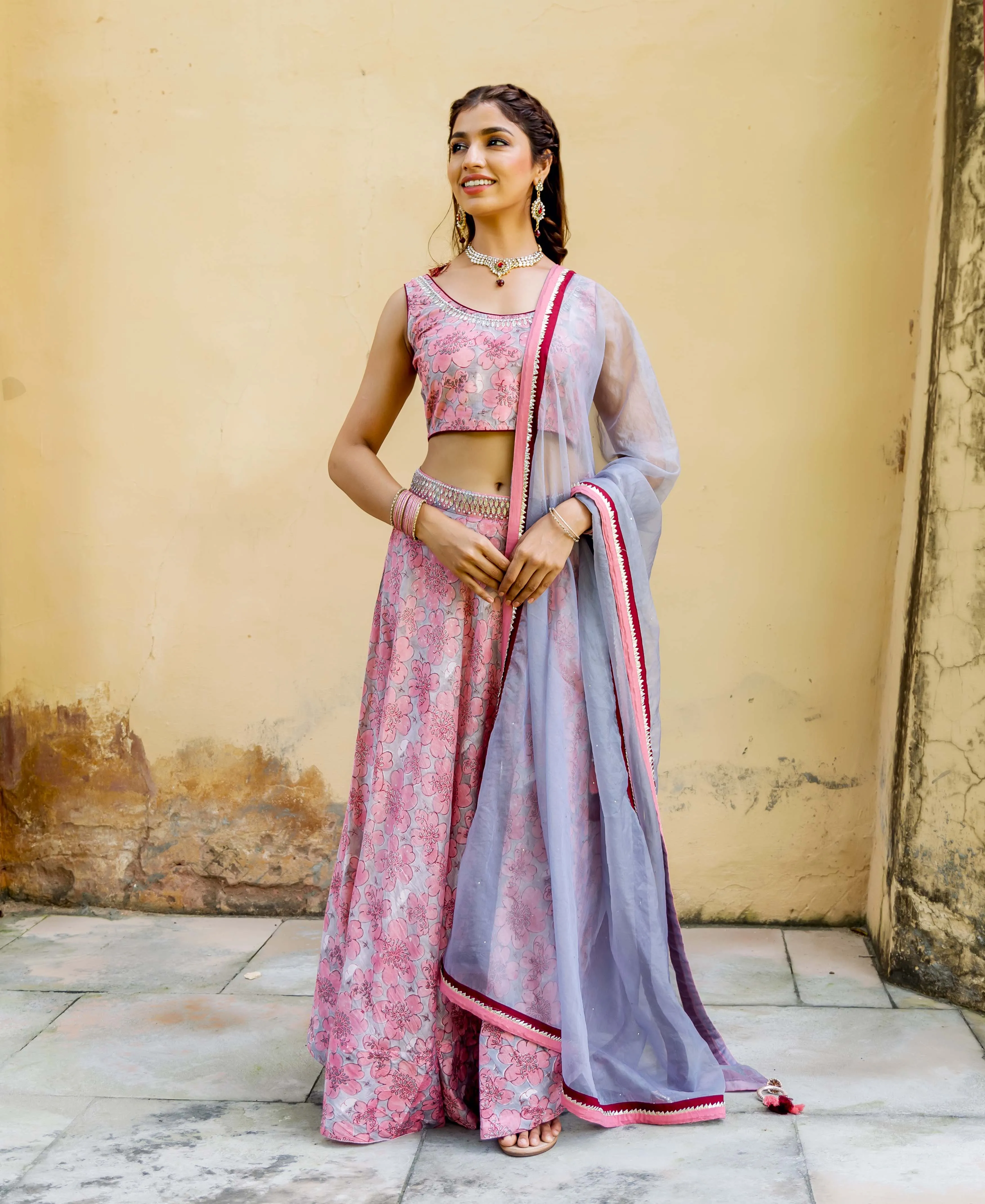 Aayesha Pink and Grey Hand Block Printed Lehenga Set