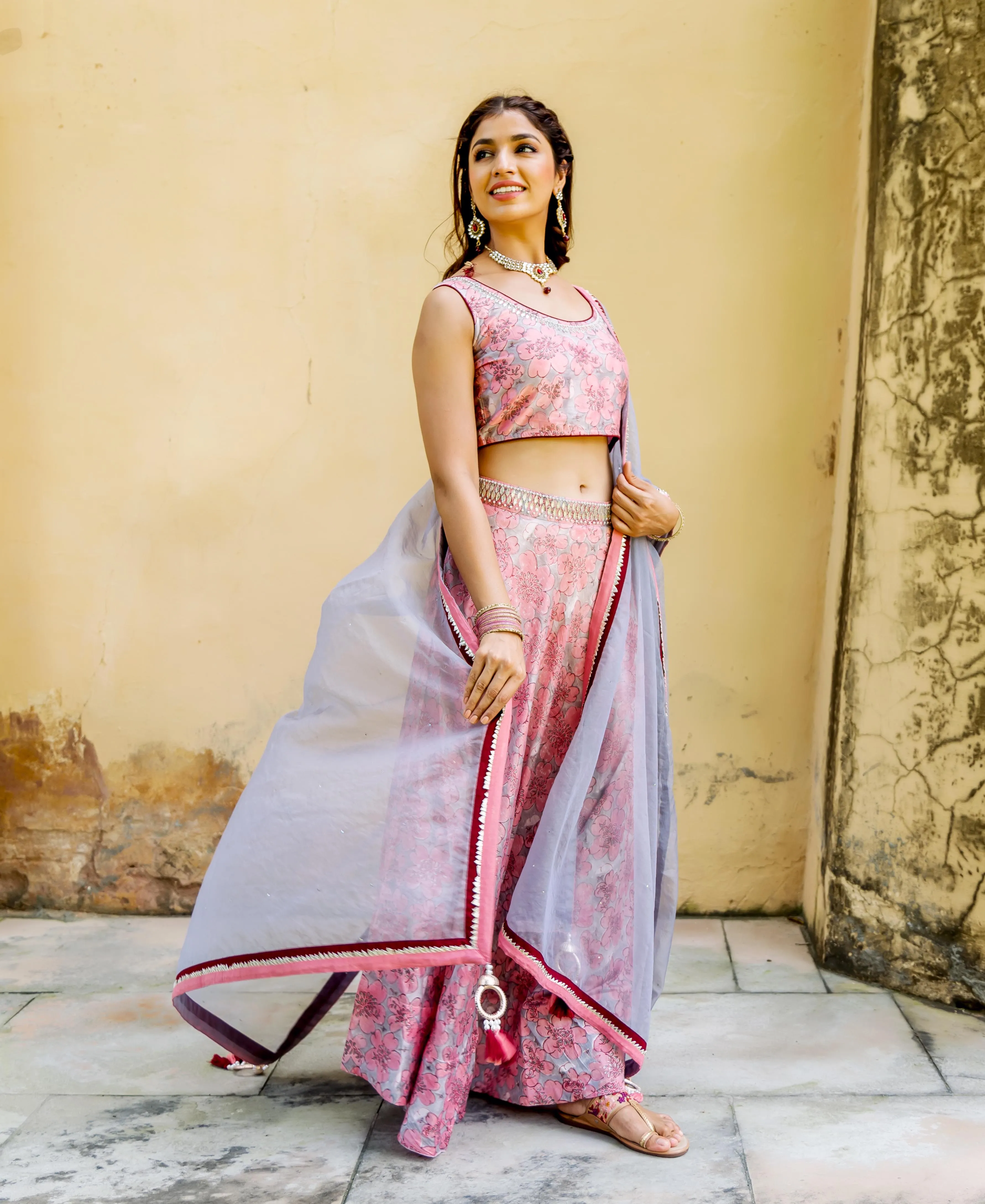 Aayesha Pink and Grey Hand Block Printed Lehenga Set