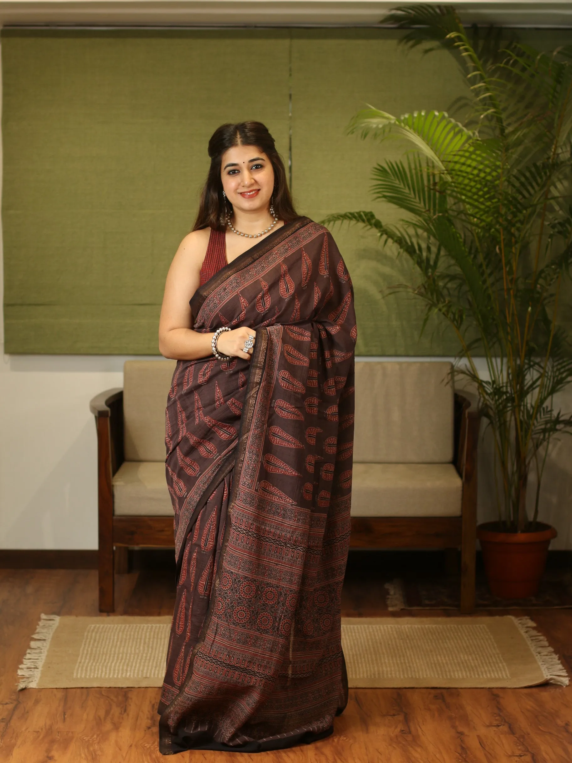 Ajrakh Maheshwari Silk Natural Dyed Saree