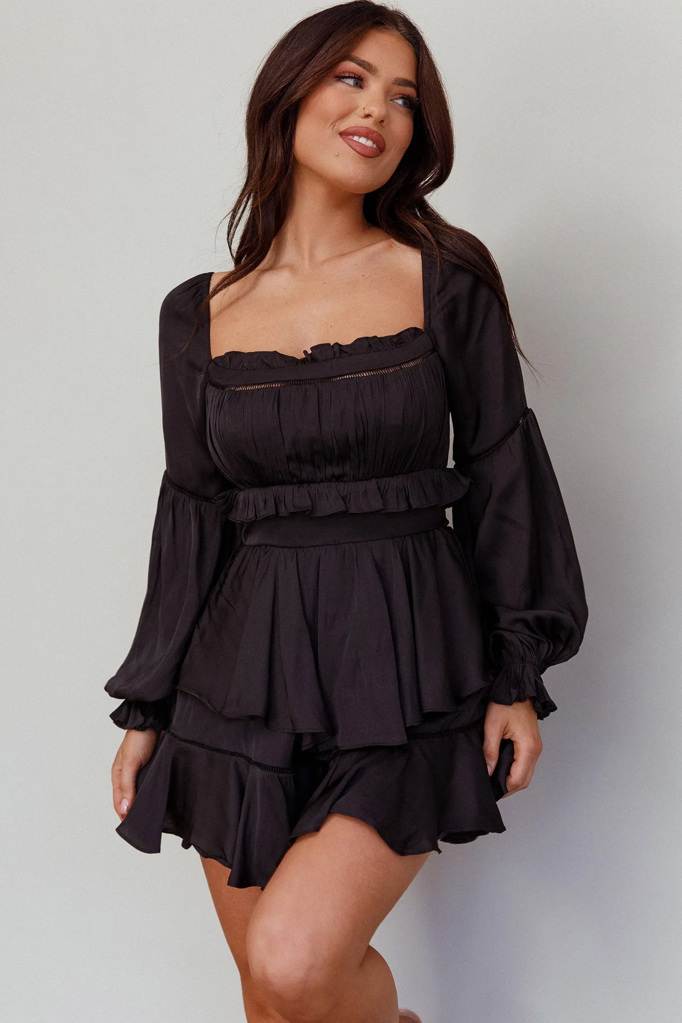 Alabama Long Sleeve Satin Romper Black