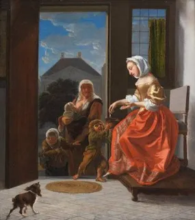 An interior with a lady giving alms to beggars