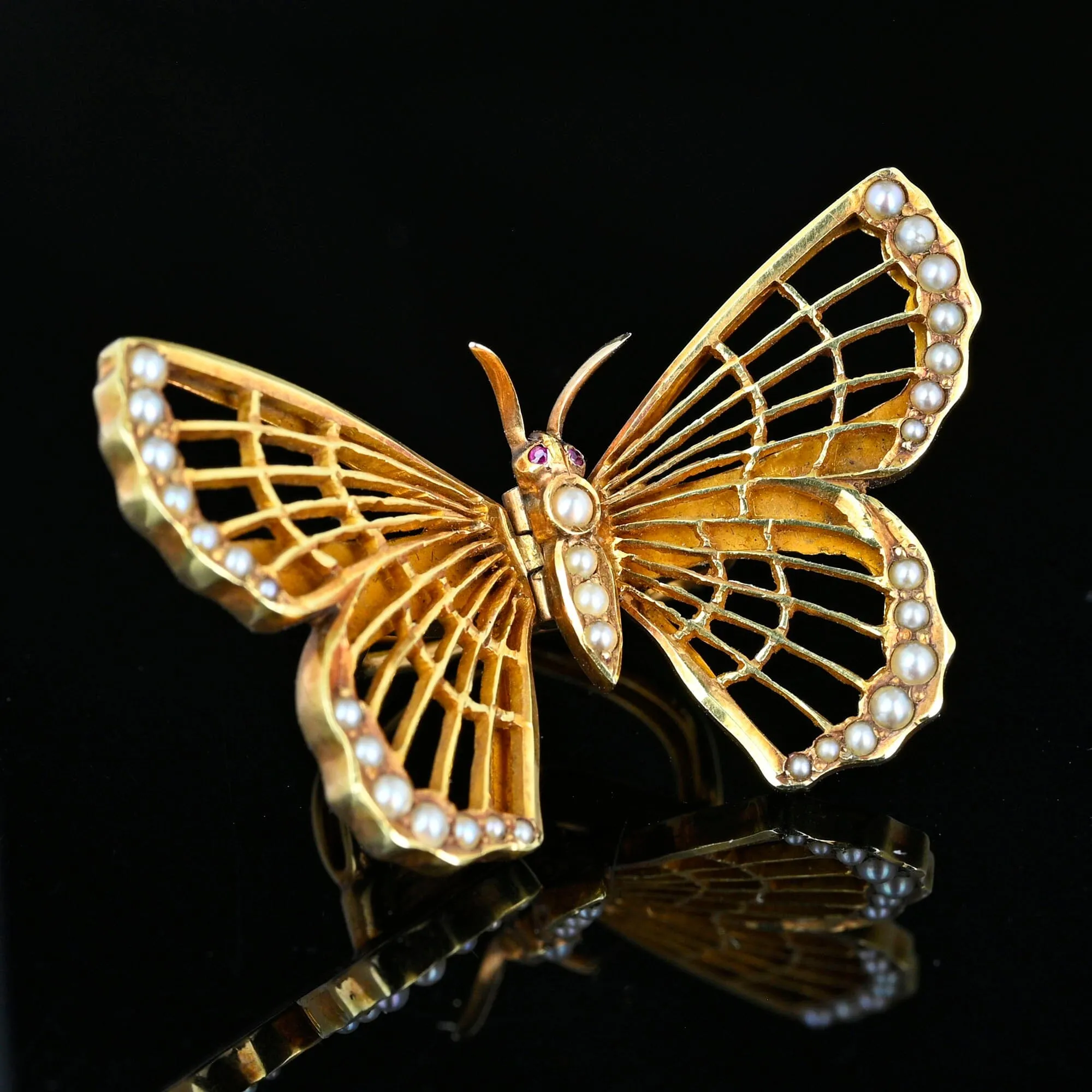 Antique AJ Hedges 14K Gold Pearl Ruby Butterfly Brooch Clip