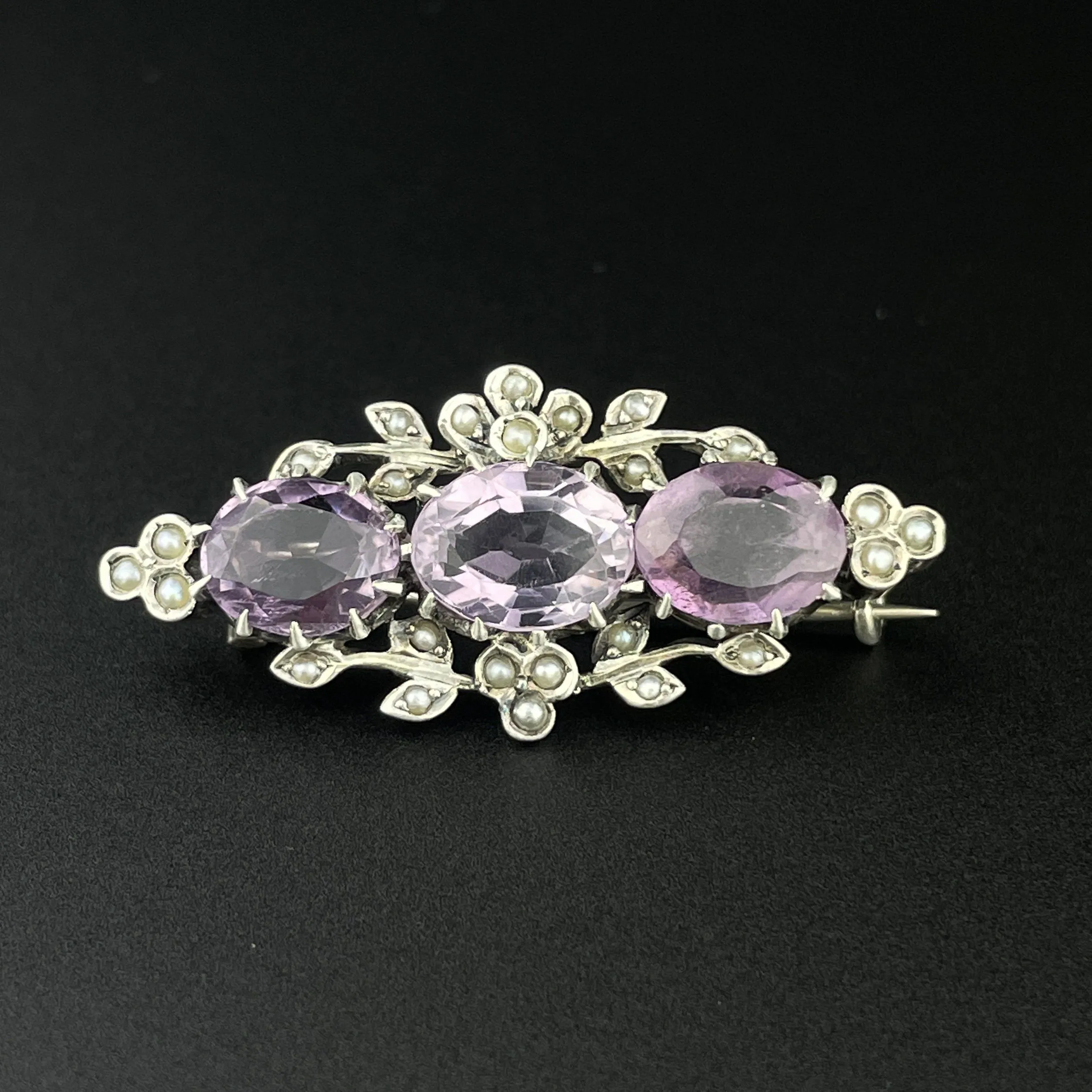 Antique Edwardian Silver Floral Seed Pearl Amethyst Brooch