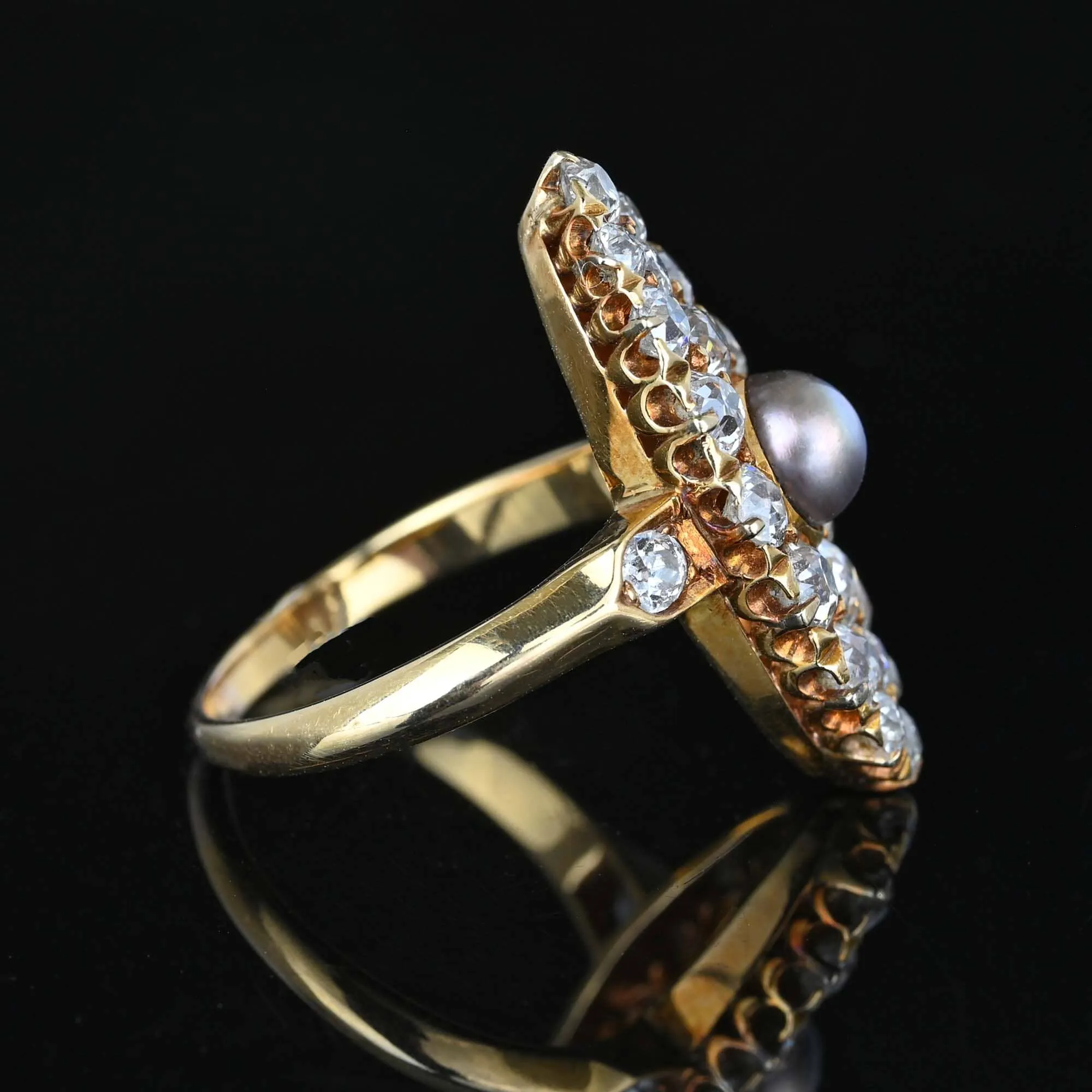 Antique Gray Pearl Mine Cut Diamond Navette Ring in Gold