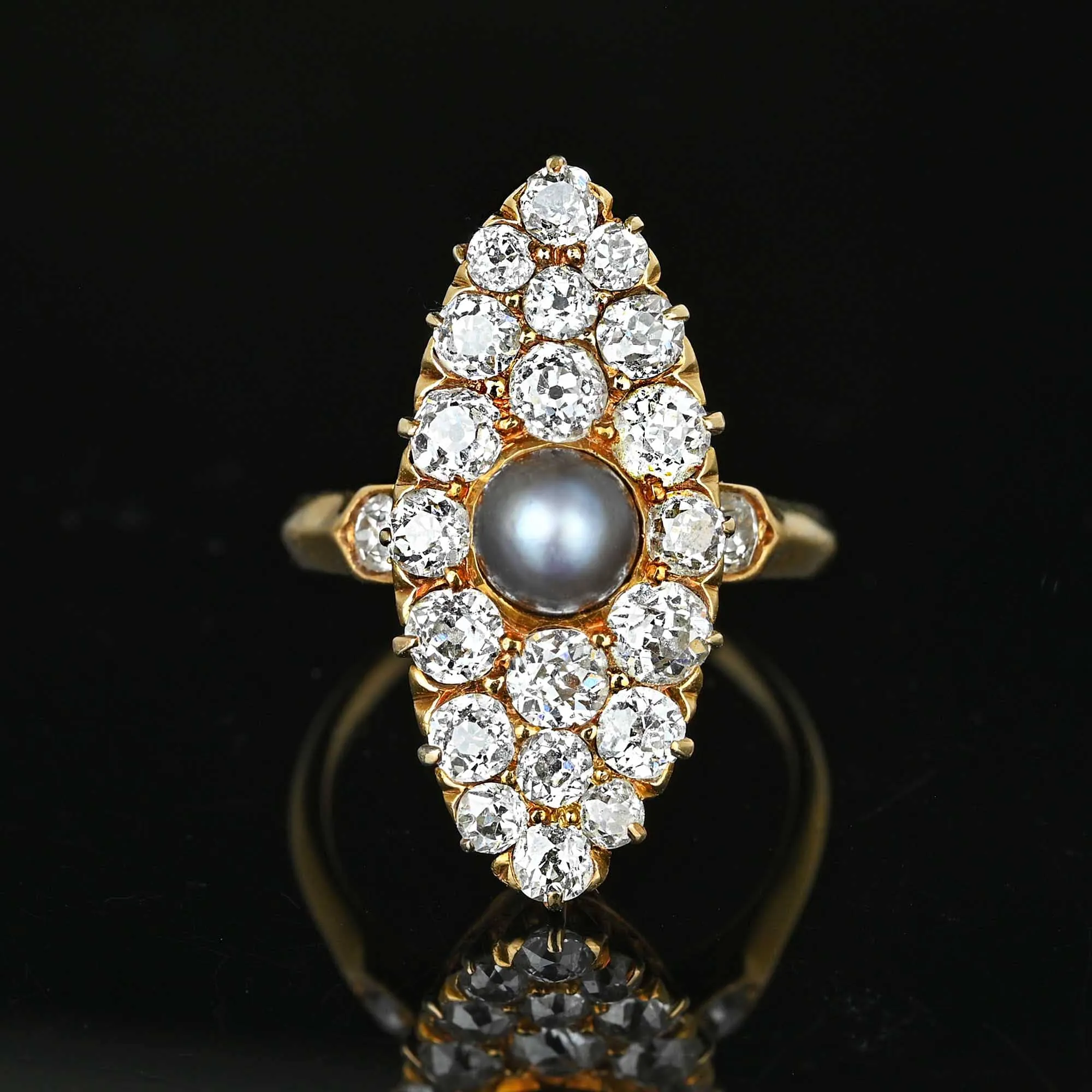 Antique Gray Pearl Mine Cut Diamond Navette Ring in Gold