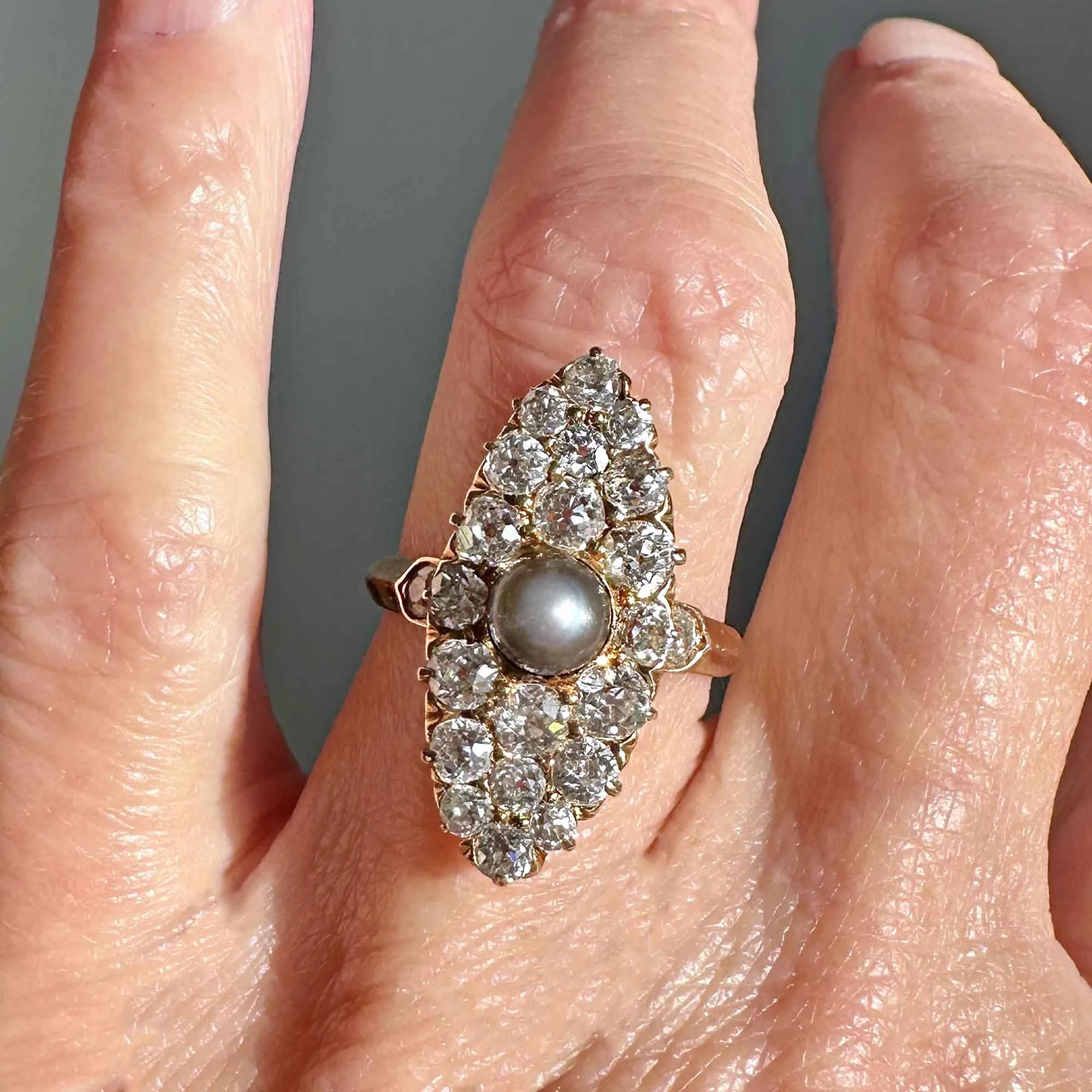 Antique Gray Pearl Mine Cut Diamond Navette Ring in Gold