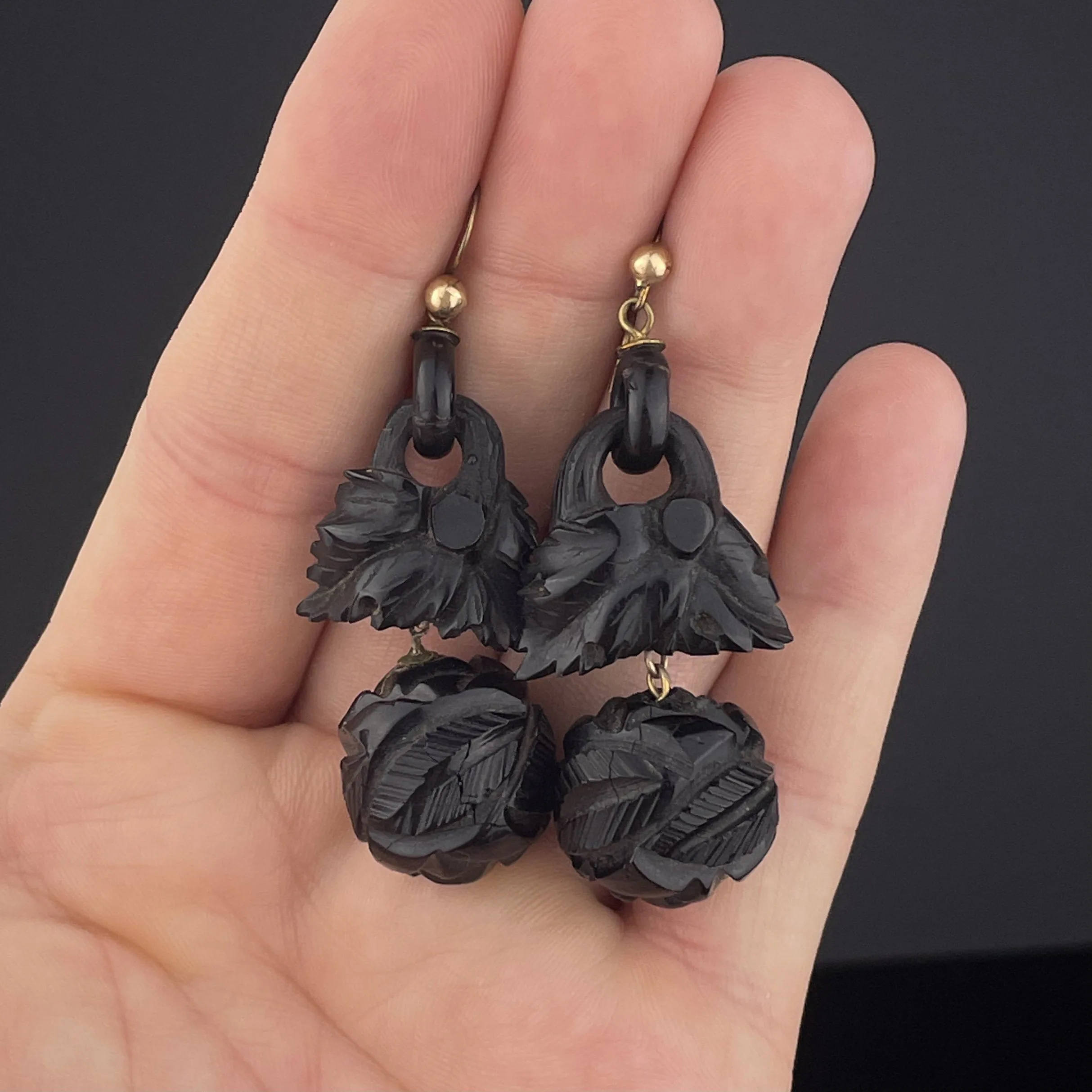 Antique Victorian Carved Whitby Jet Statement Earrings