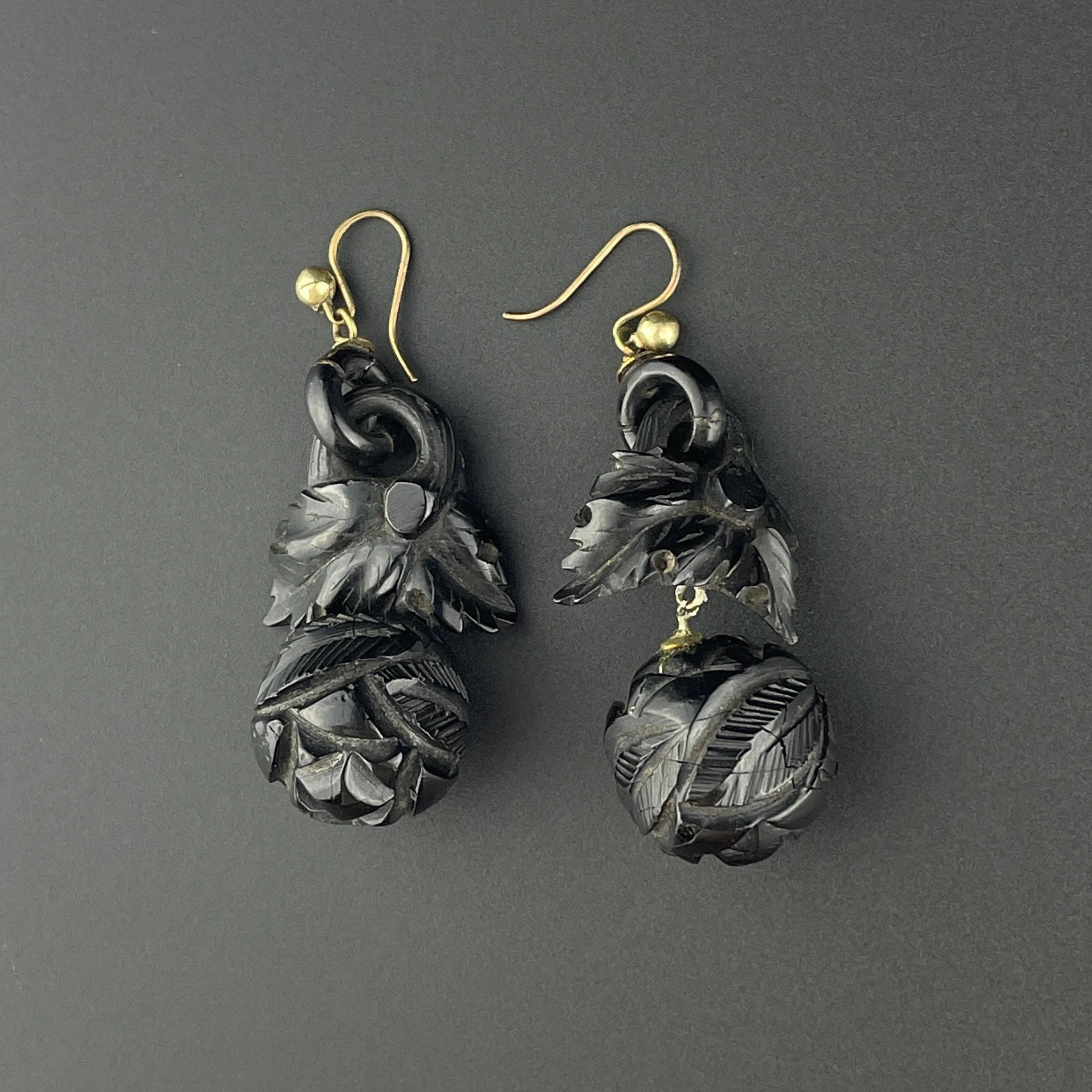 Antique Victorian Carved Whitby Jet Statement Earrings