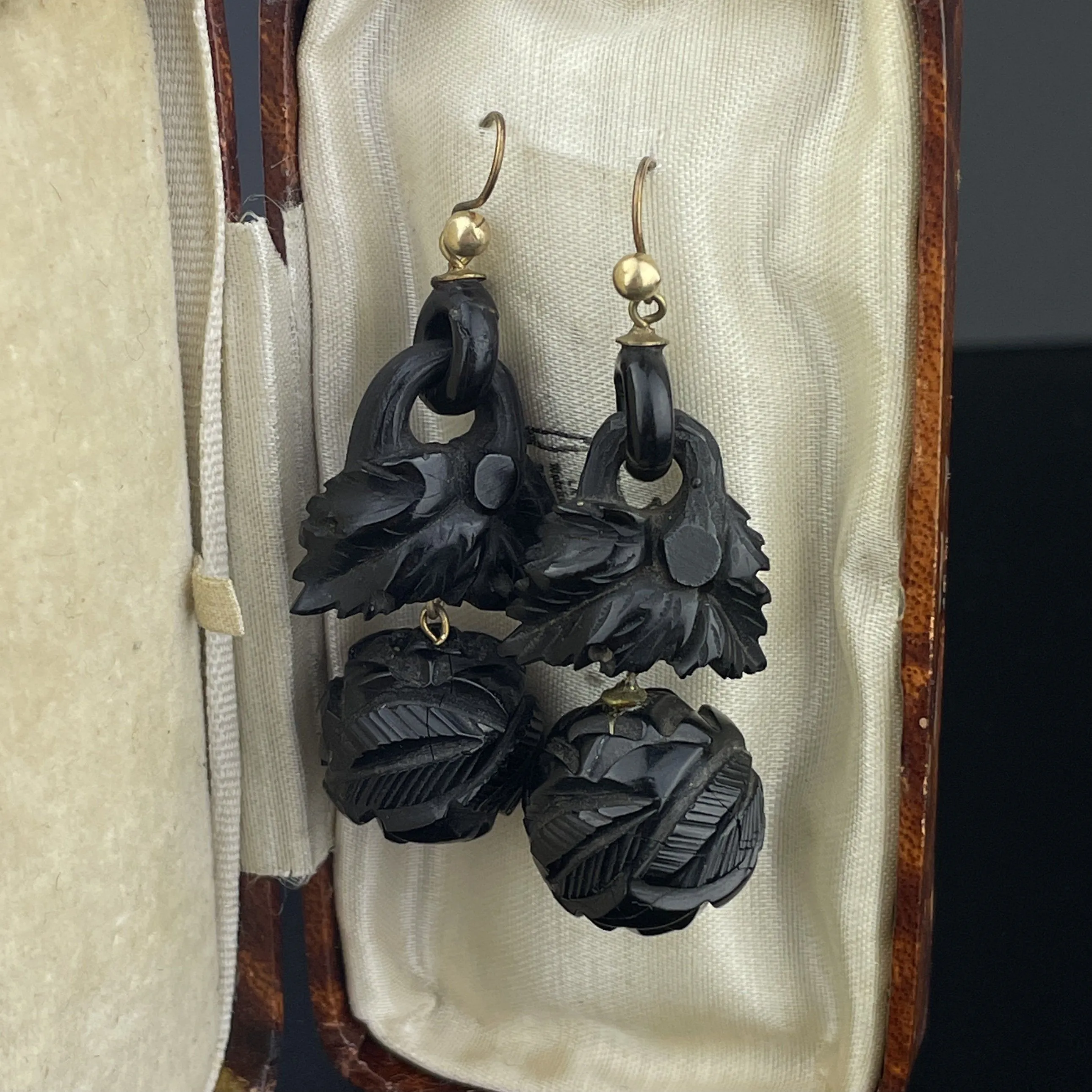 Antique Victorian Carved Whitby Jet Statement Earrings