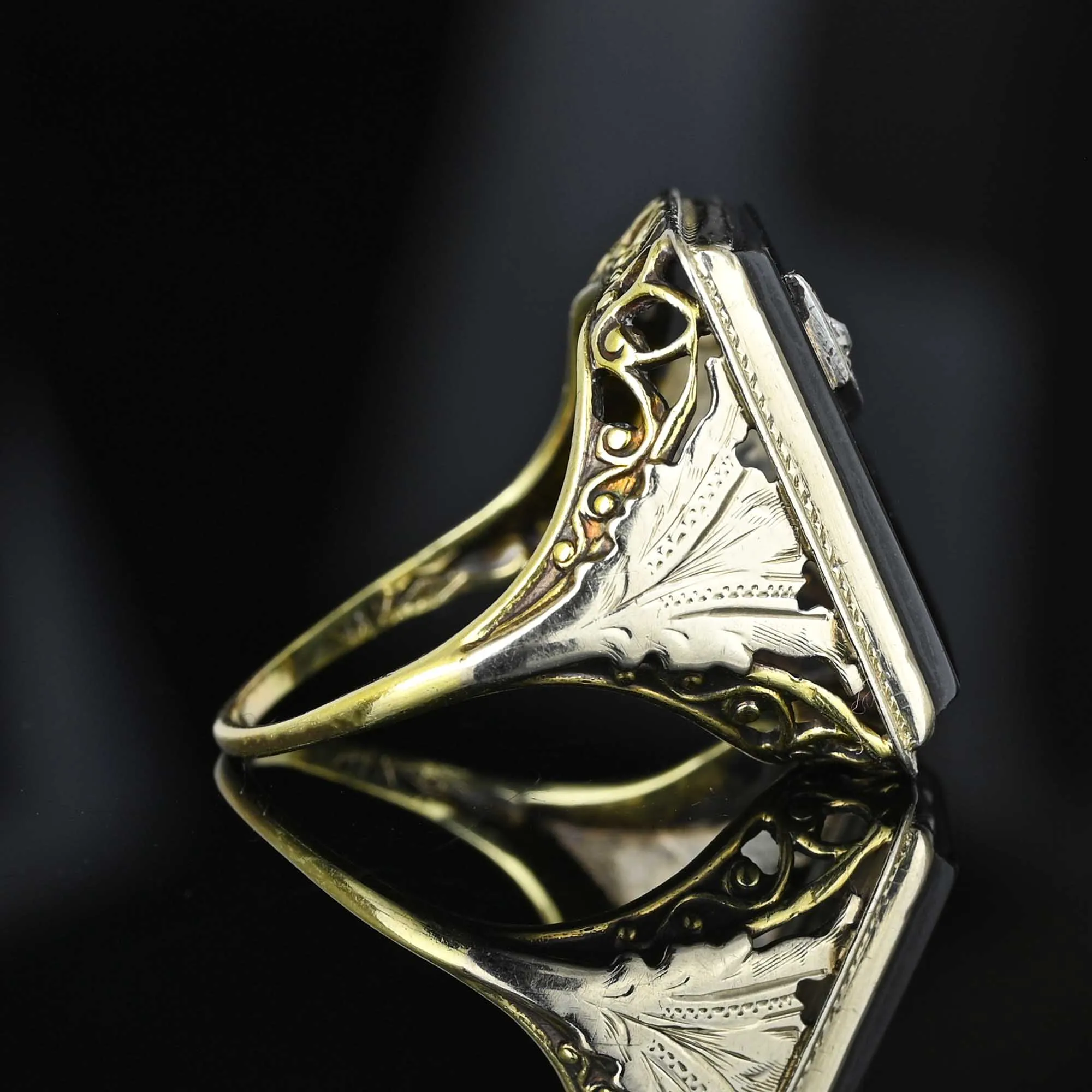 Art Deco 14K Gold Filigree Diamond Black Onyx Ring