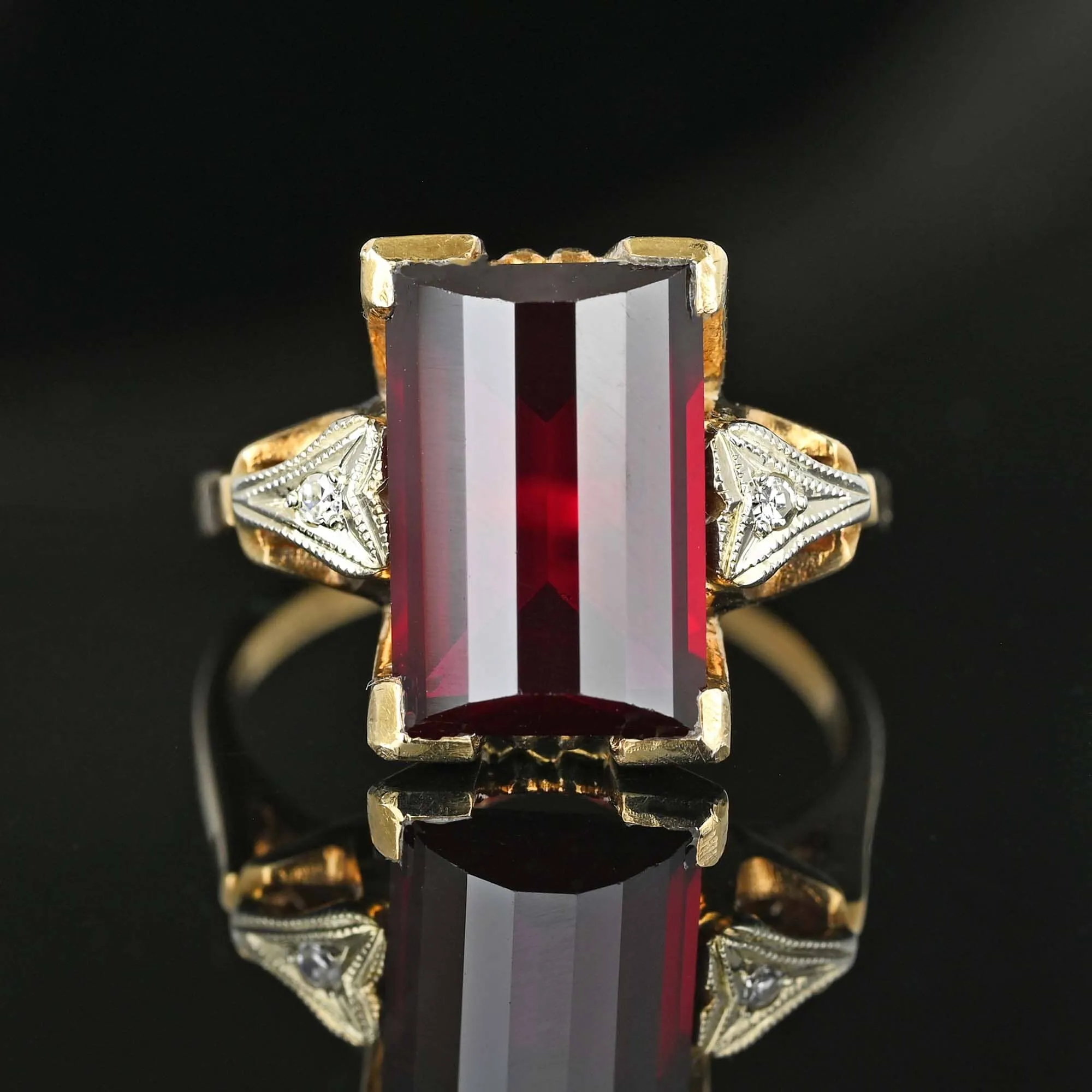 Art Deco Diamond Fancy Cut Ruby Ring in Gold