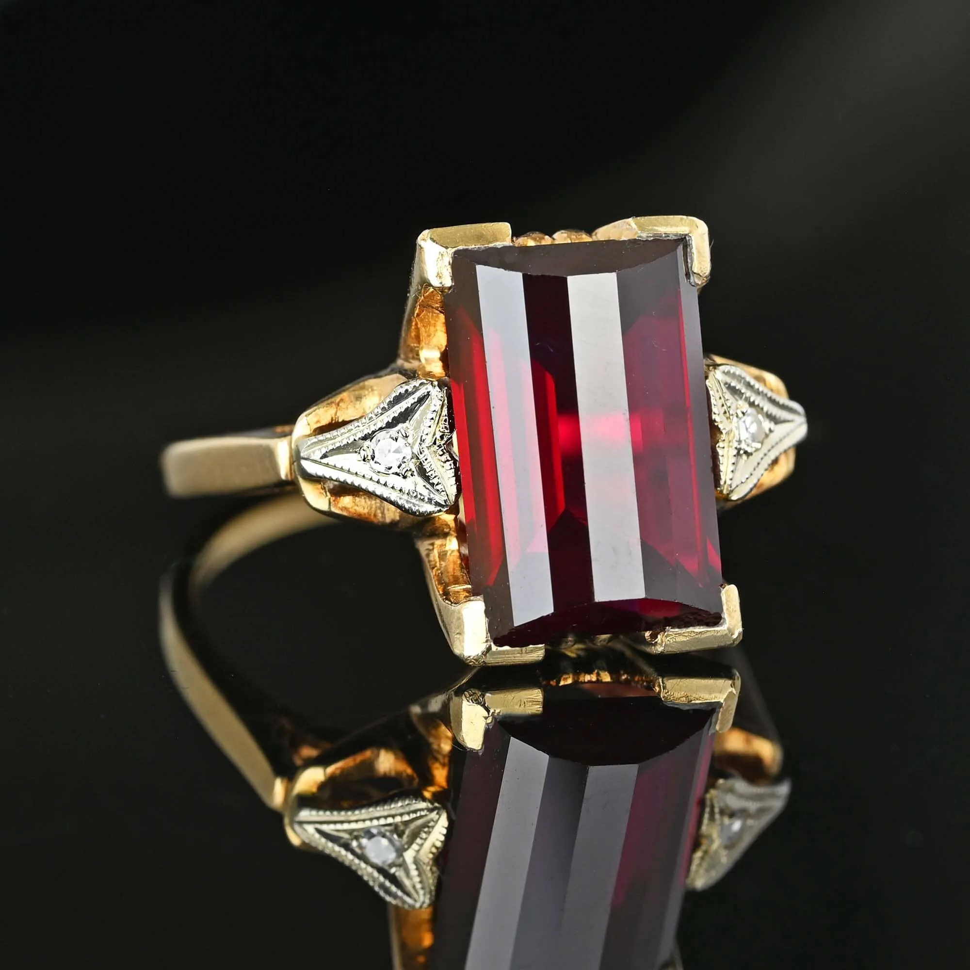 Art Deco Diamond Fancy Cut Ruby Ring in Gold