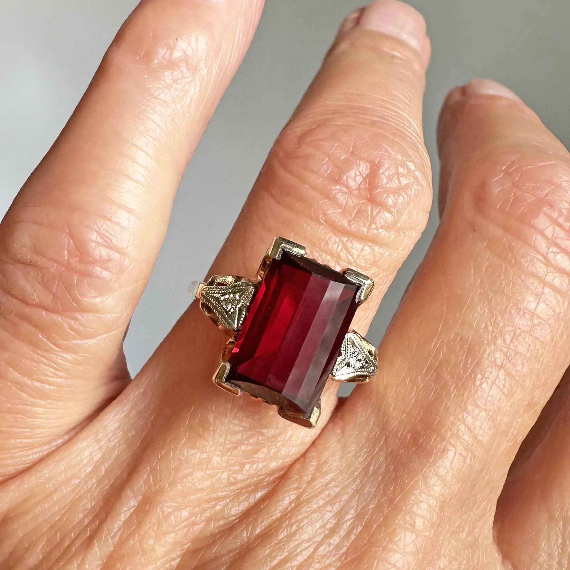 Art Deco Diamond Fancy Cut Ruby Ring in Gold