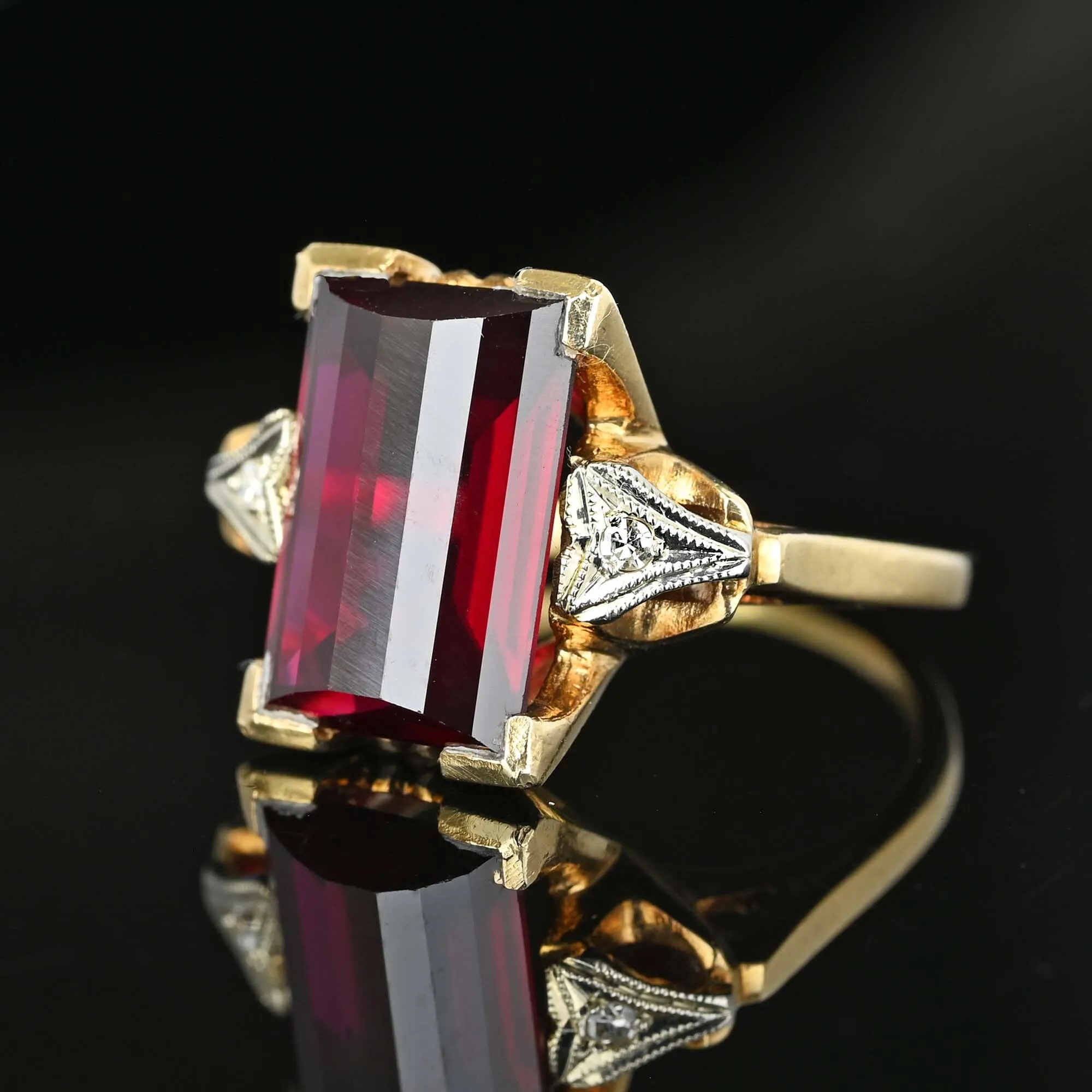 Art Deco Diamond Fancy Cut Ruby Ring in Gold