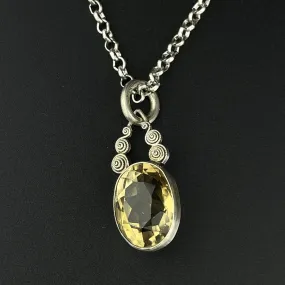 Art Deco Silver Citrine Pendant Necklace, 7.5 CTW