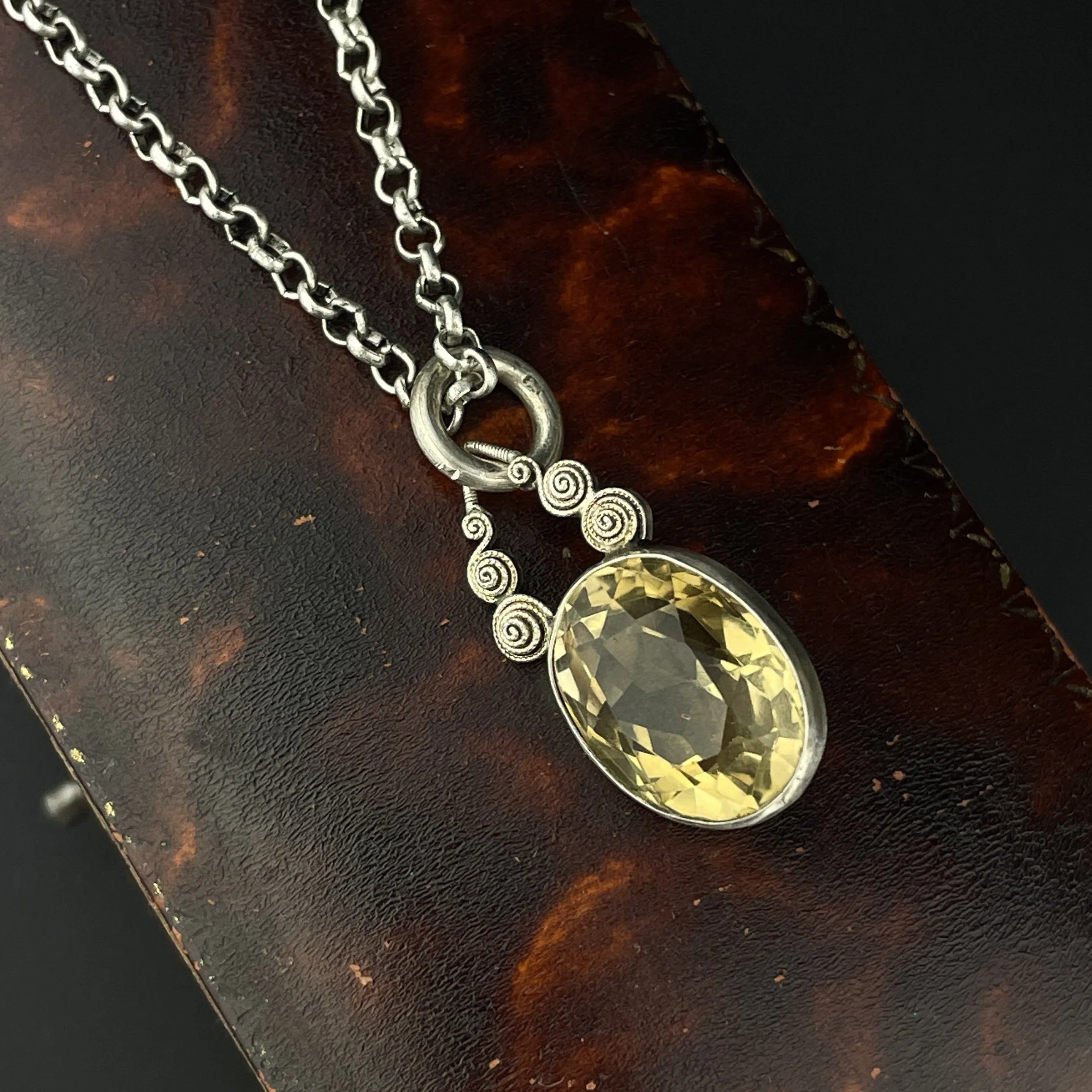 Art Deco Silver Citrine Pendant Necklace, 7.5 CTW