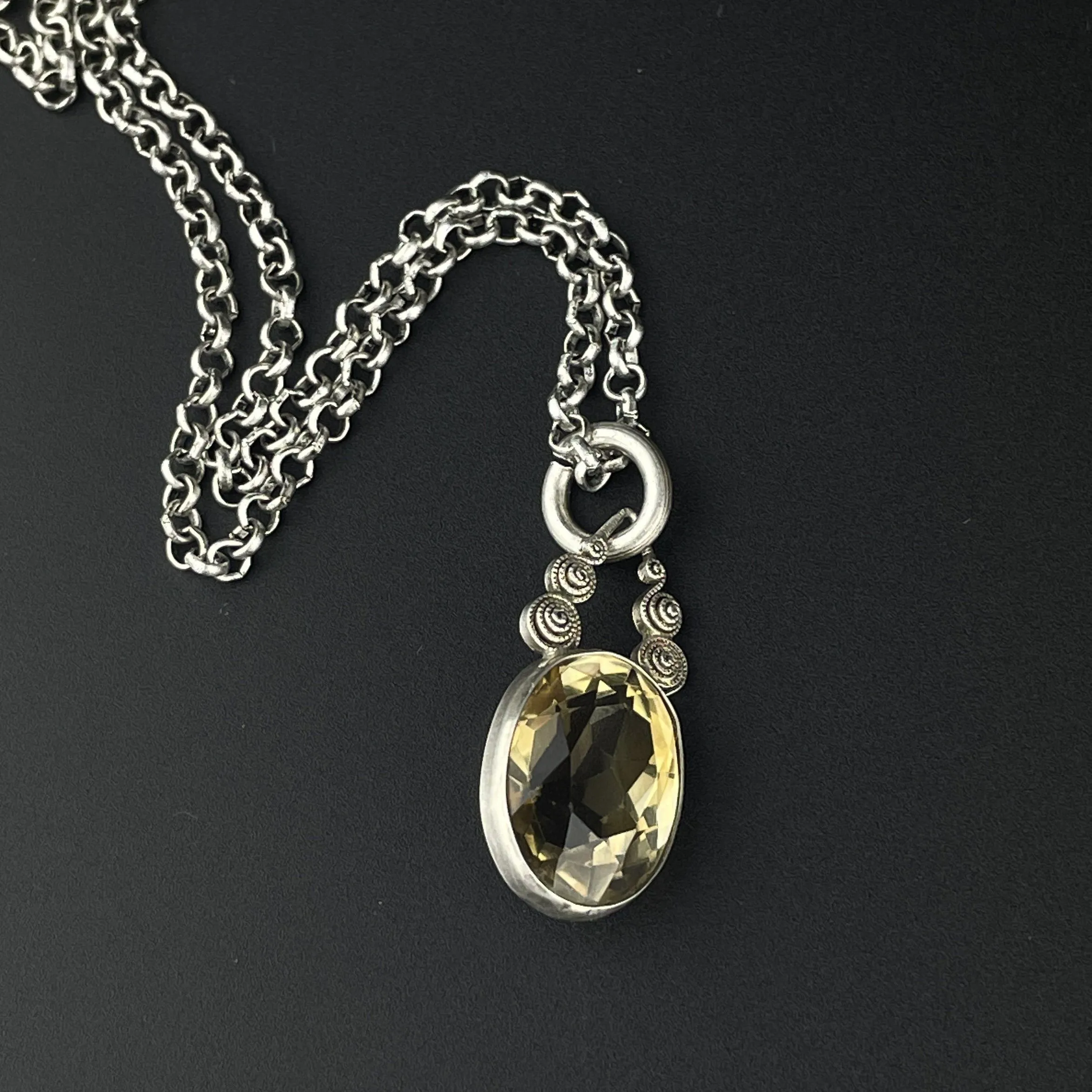 Art Deco Silver Citrine Pendant Necklace, 7.5 CTW