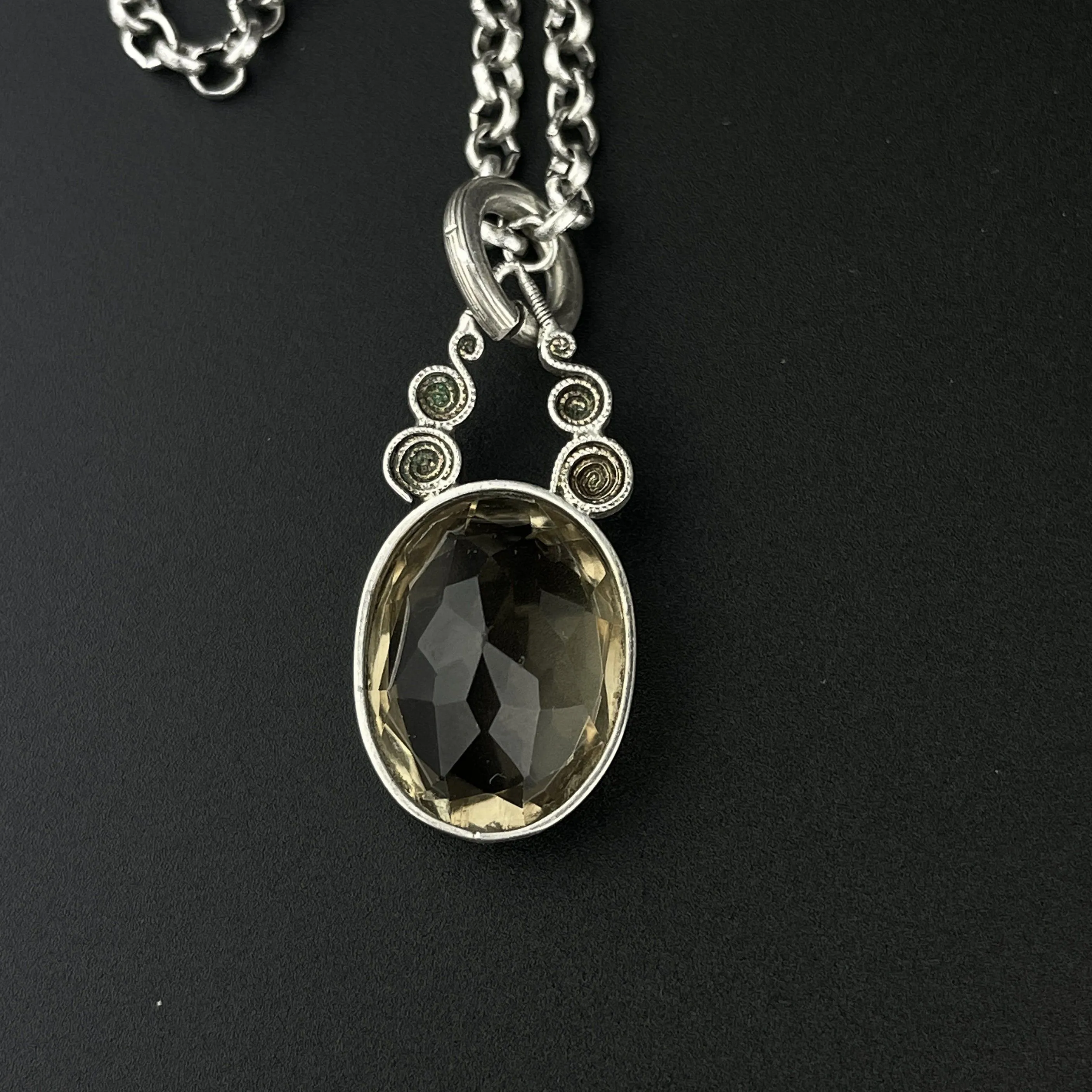 Art Deco Silver Citrine Pendant Necklace, 7.5 CTW