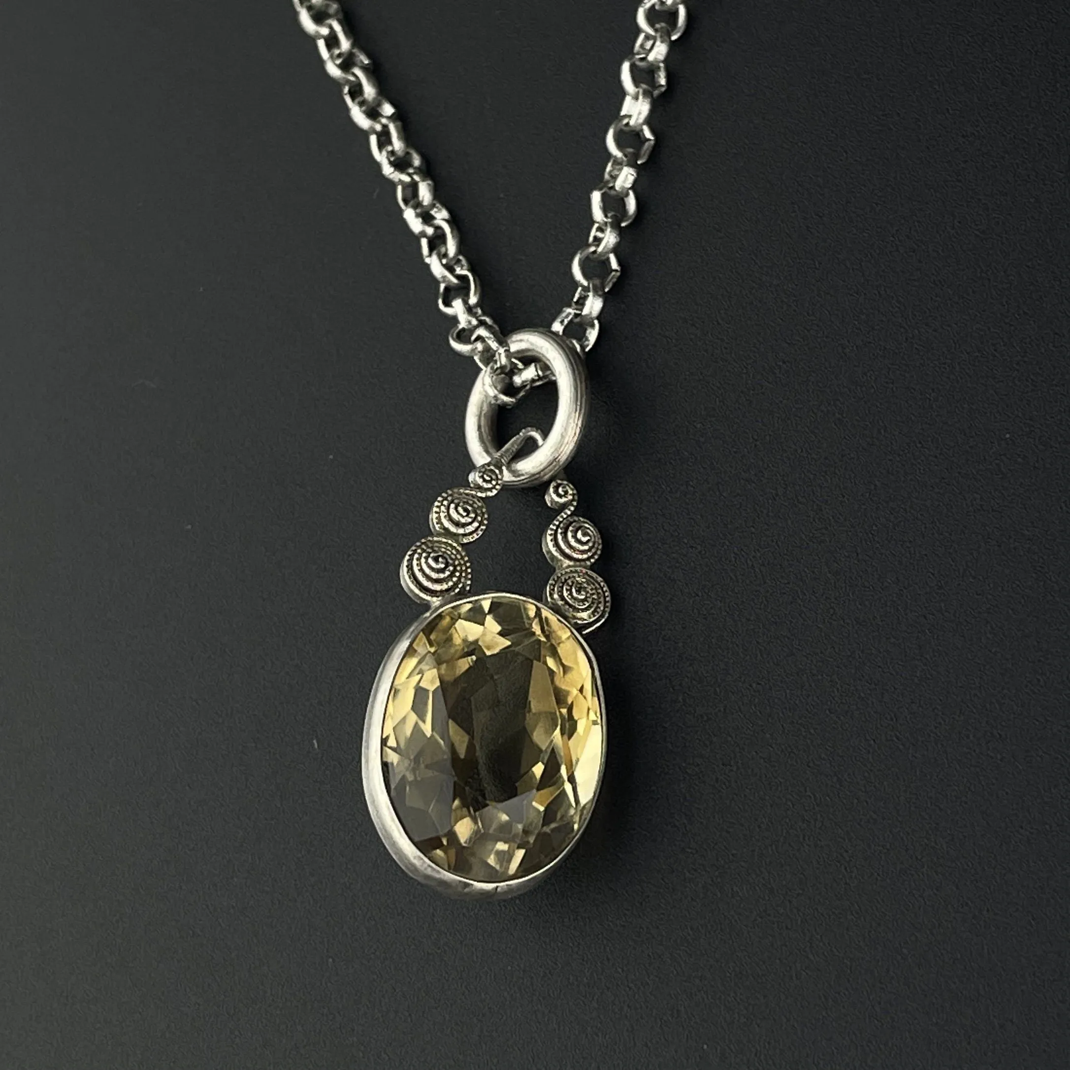 Art Deco Silver Citrine Pendant Necklace, 7.5 CTW