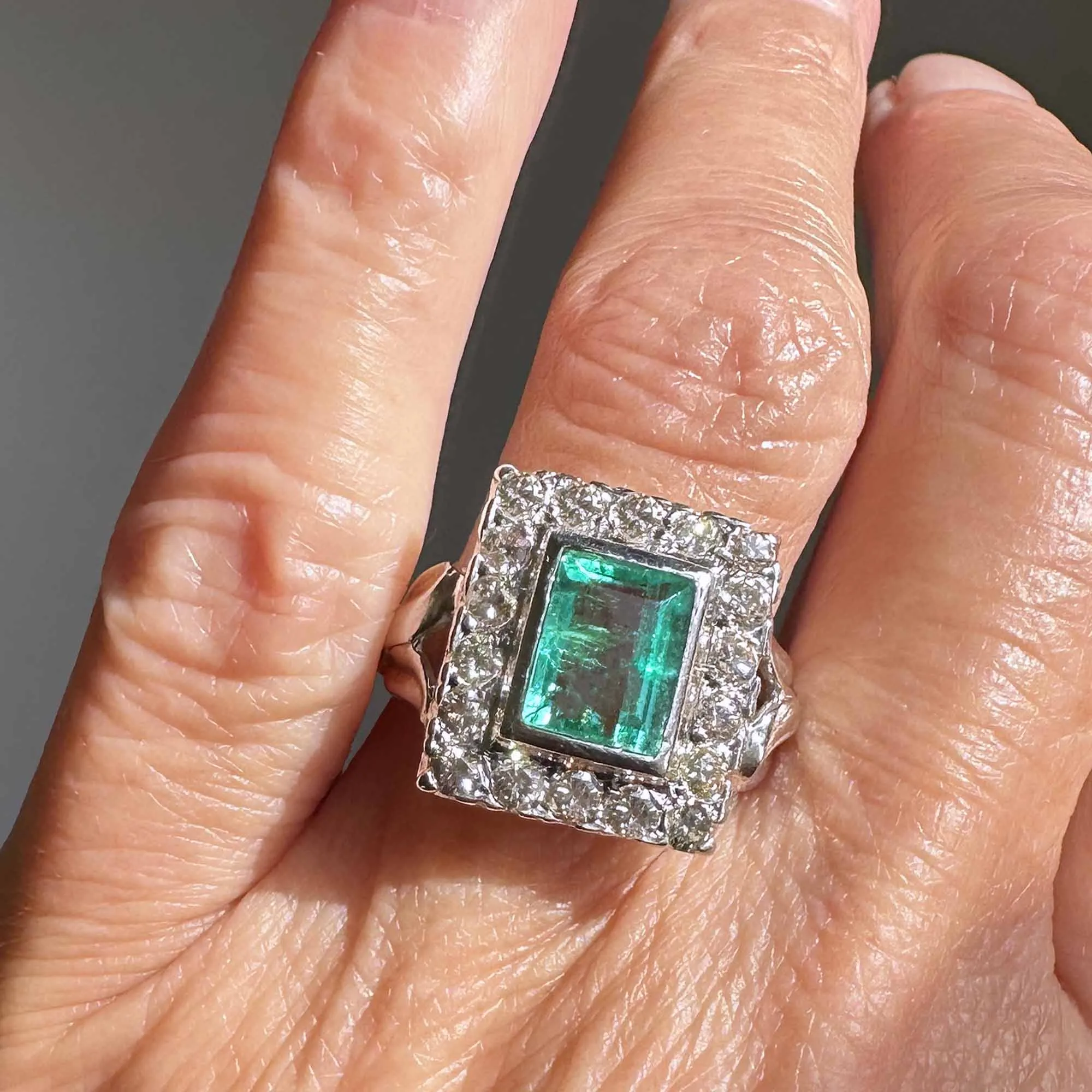 Art Deco Style 2 Carat Columbian Emerald and Diamond Ring