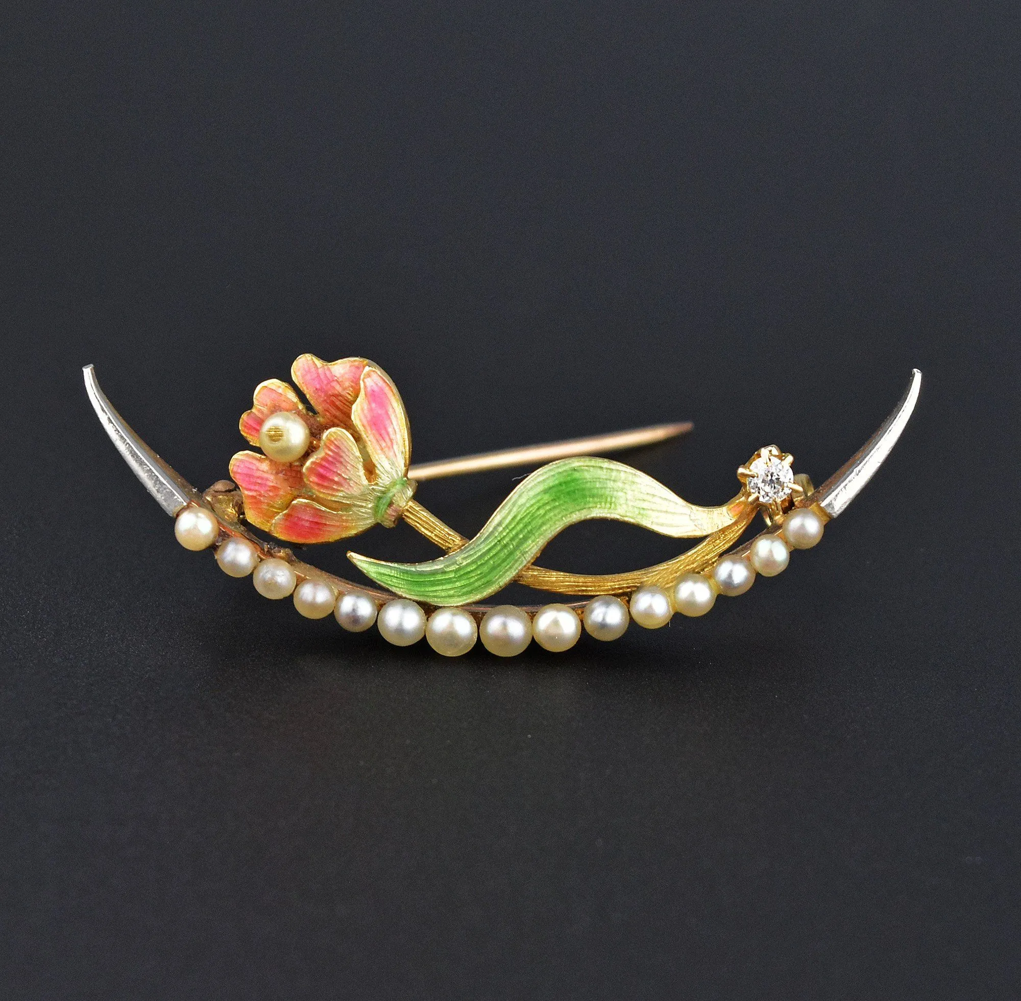 Art Nouveau Diamond Enamel Pearl Crescent Moon Brooch