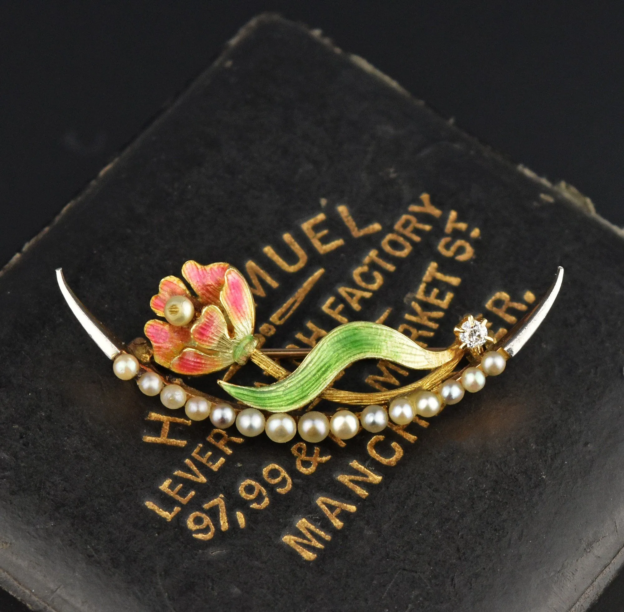 Art Nouveau Diamond Enamel Pearl Crescent Moon Brooch