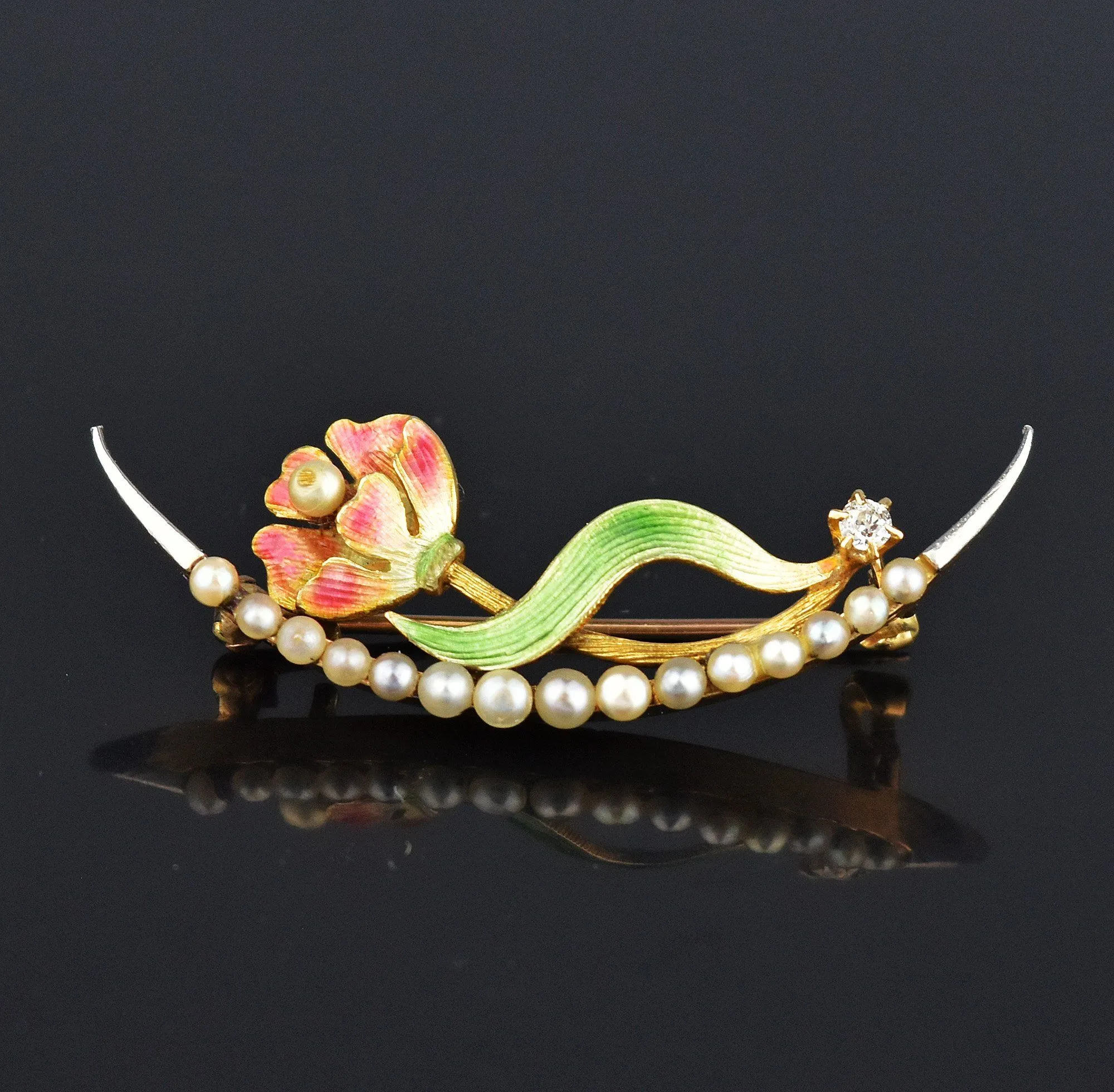 Art Nouveau Diamond Enamel Pearl Crescent Moon Brooch