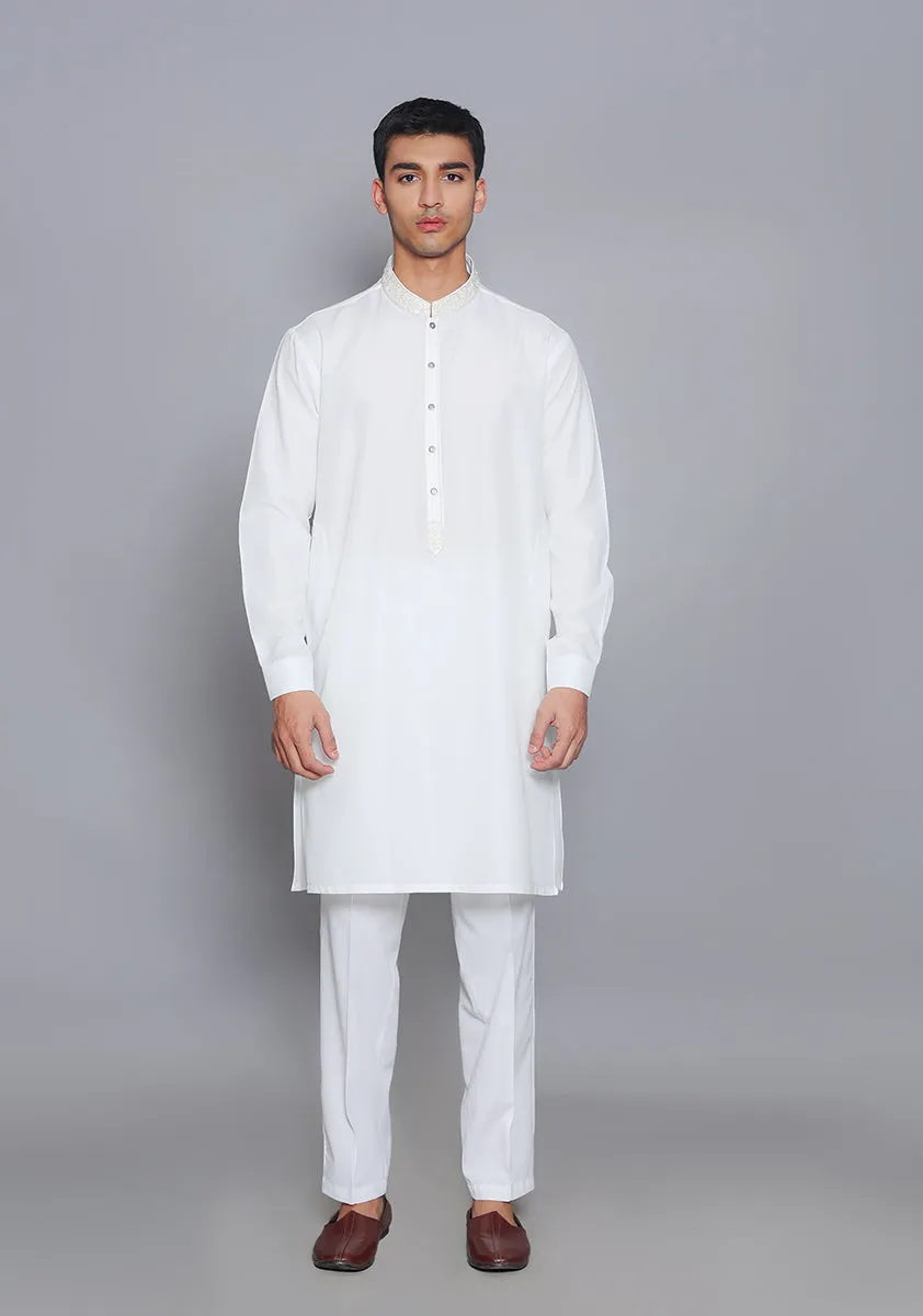 Basic Cotton Silk Cloud Dancer Slim Fit Embroidered Suit