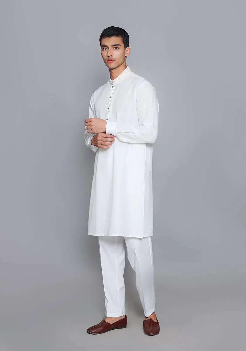 Basic Cotton Silk Cloud Dancer Slim Fit Embroidered Suit