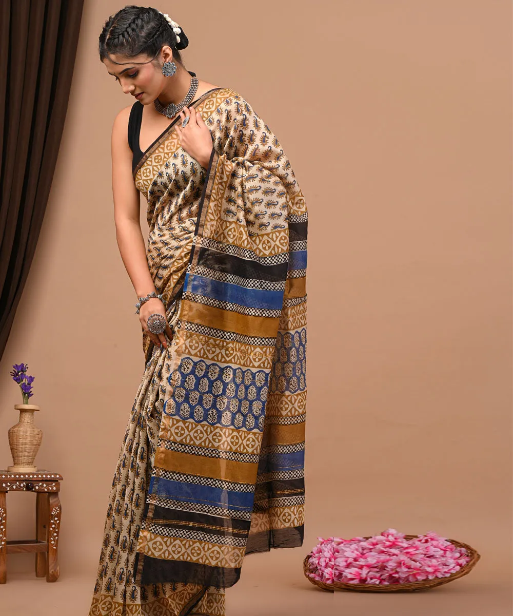 Beige blue cotton silk hand block printed sanganeri saree