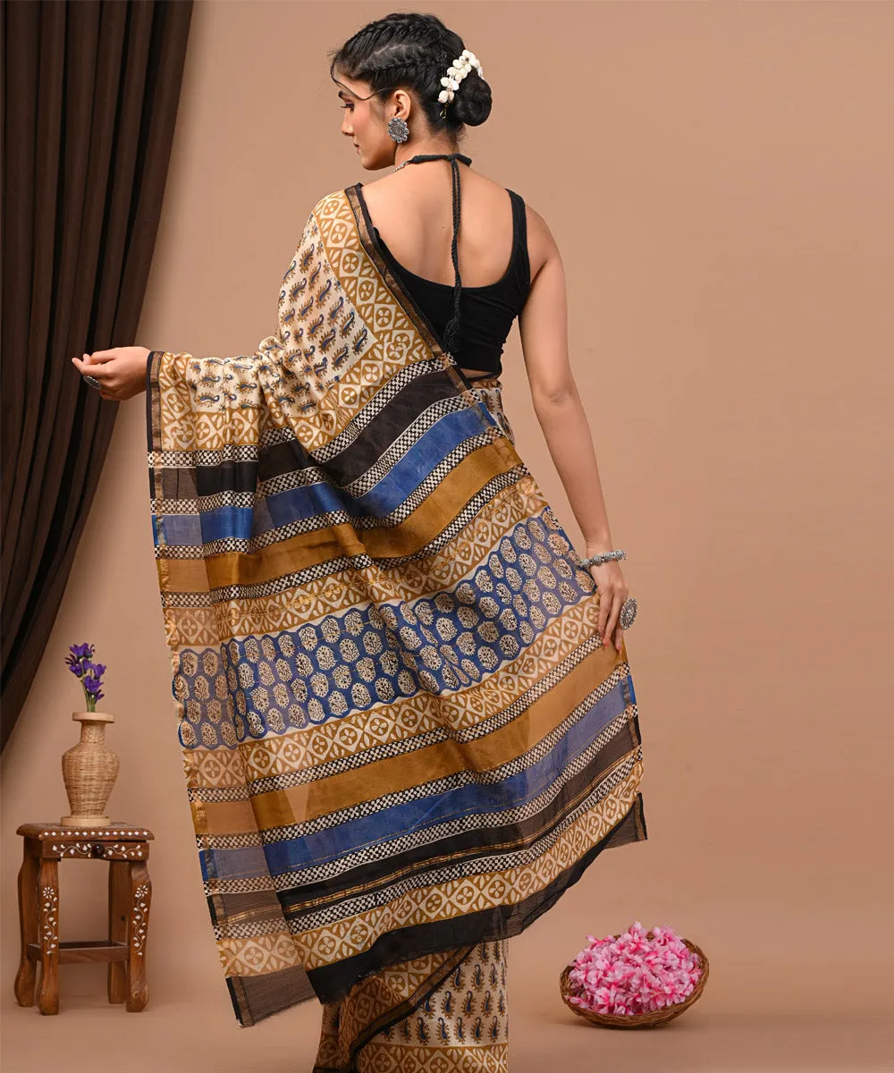 Beige blue cotton silk hand block printed sanganeri saree