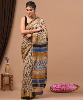 Beige blue cotton silk hand block printed sanganeri saree