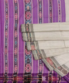 Beige Violet Tussar Silk Handwoven Sambalpuri Saree