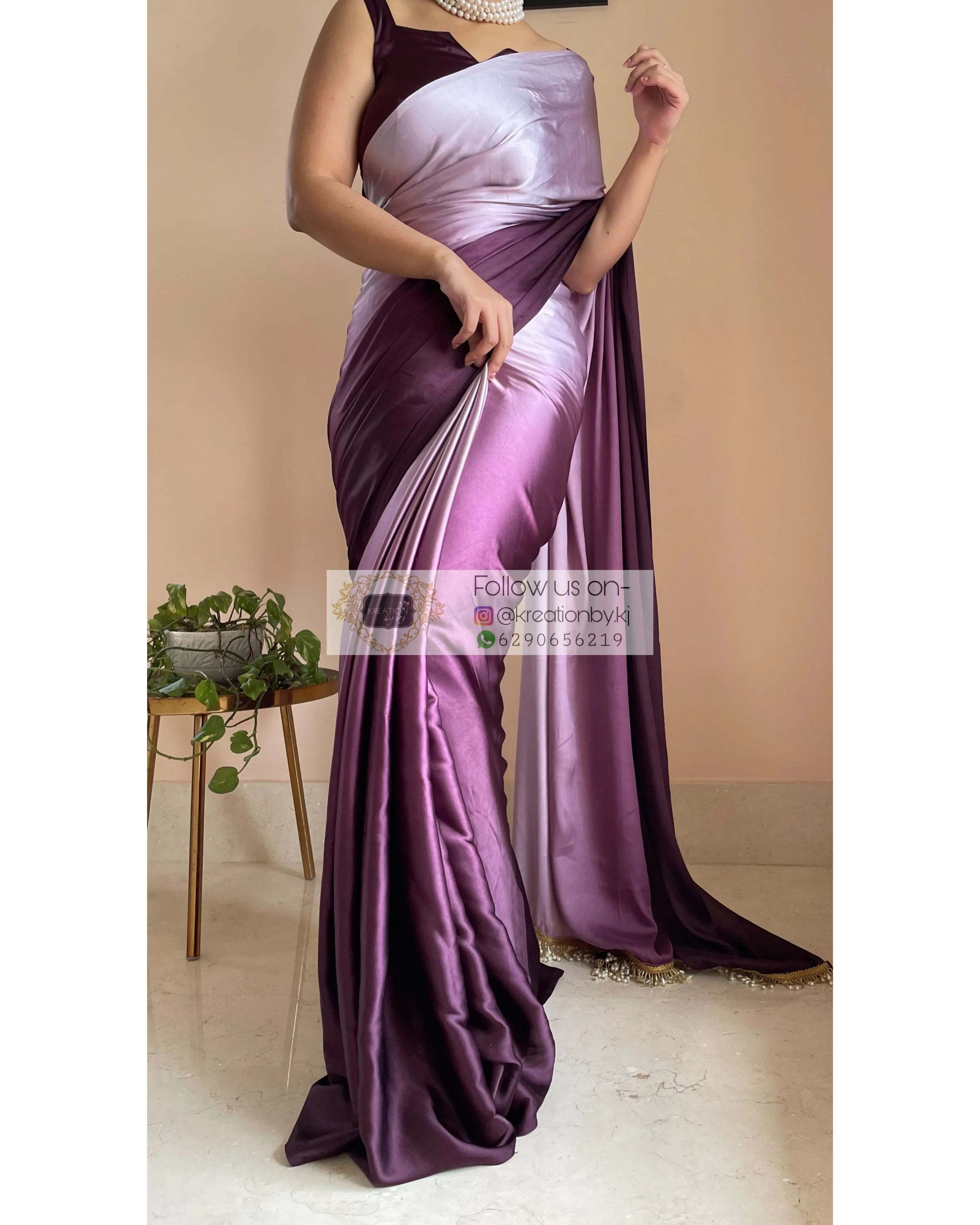 Black Currant Ombré Crepe  Silk Saree with Handmade Tassels on Pallu