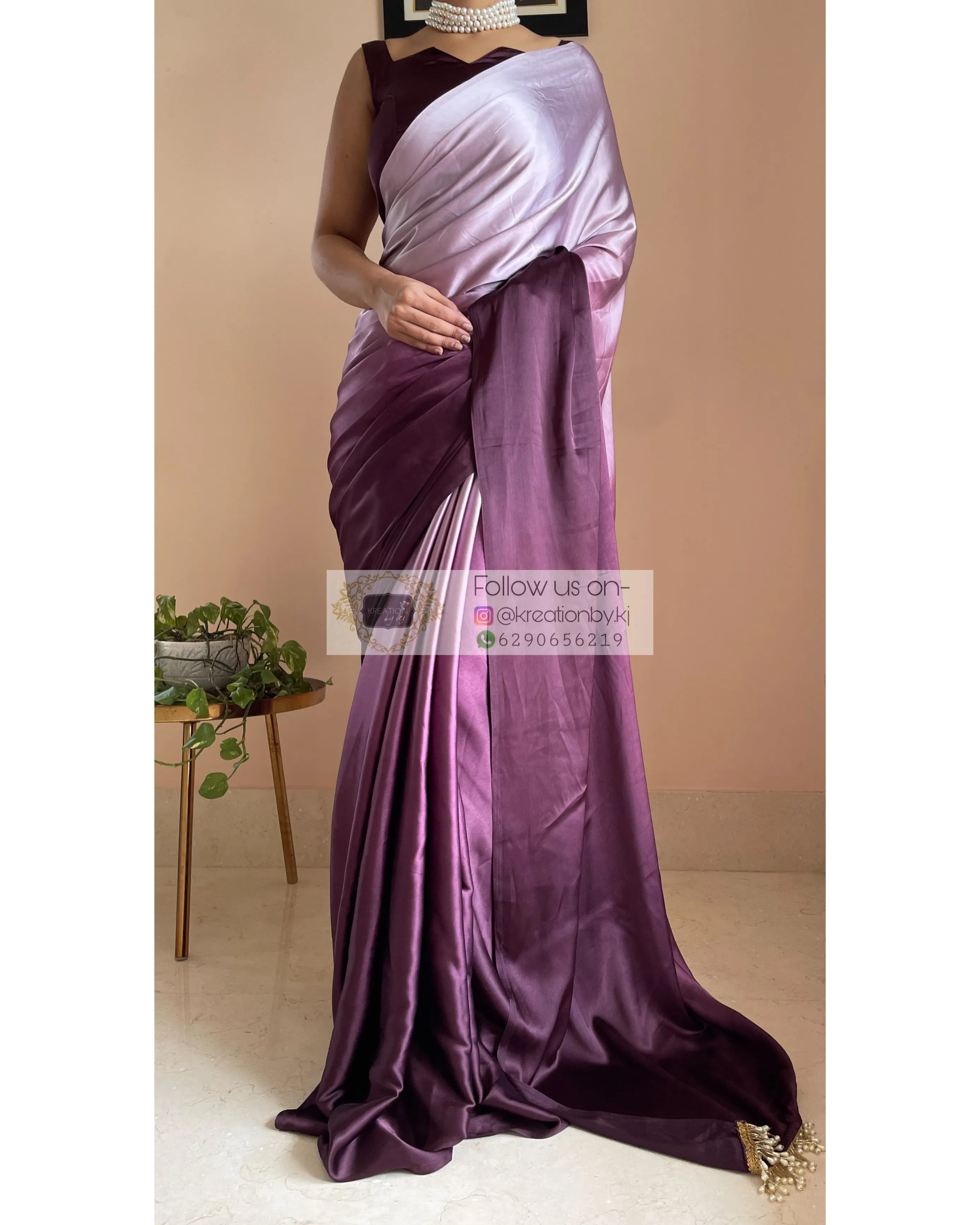 Black Currant Ombré Crepe  Silk Saree with Handmade Tassels on Pallu