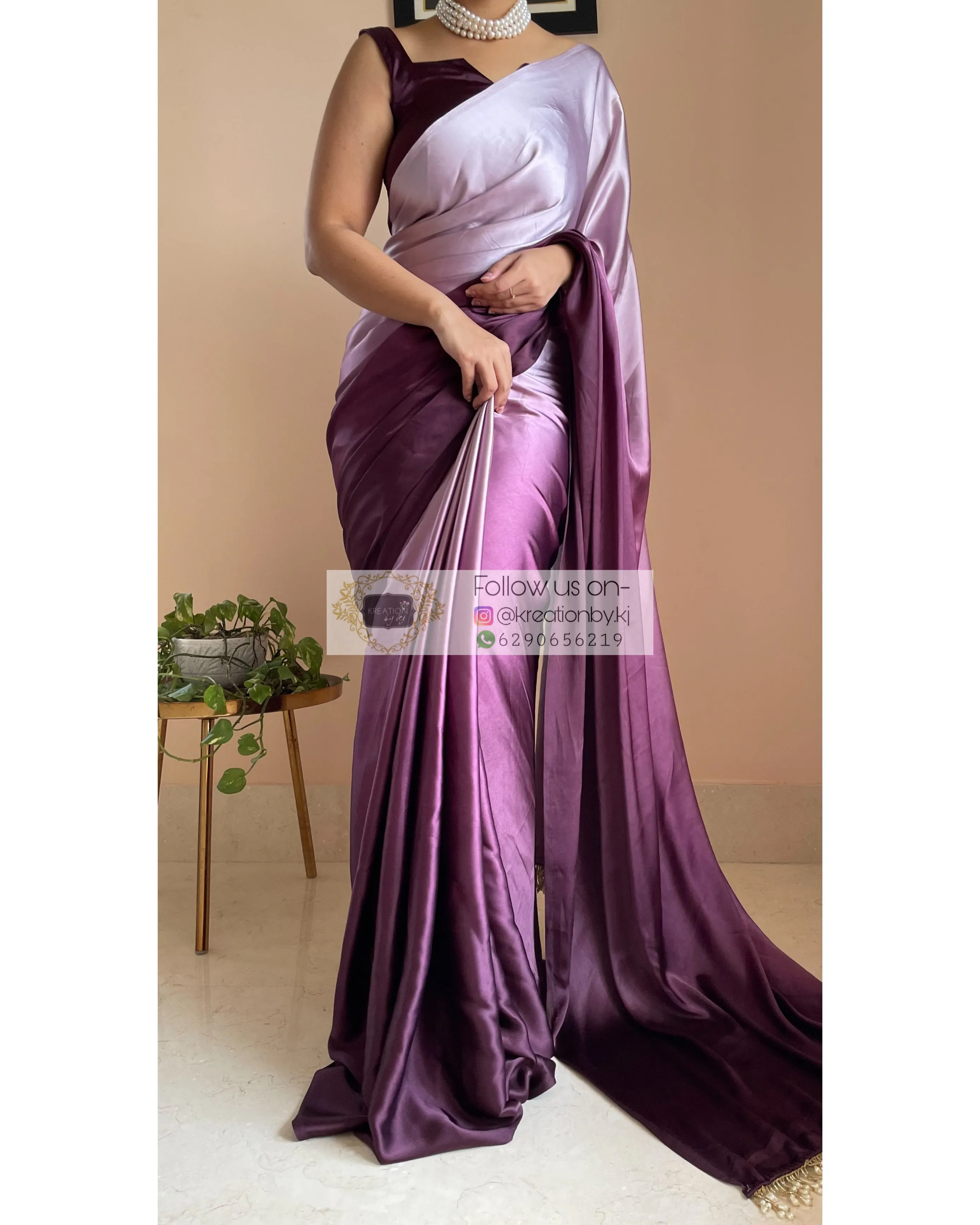 Black Currant Ombré Crepe  Silk Saree with Handmade Tassels on Pallu