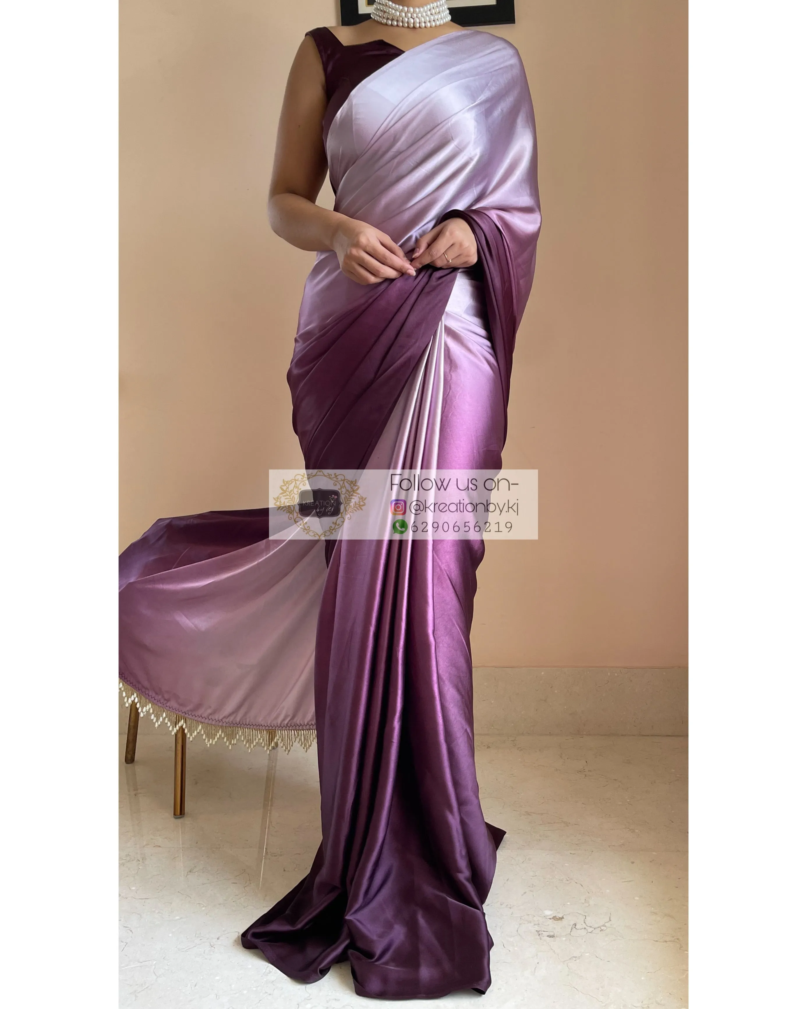 Black Currant Ombré Crepe  Silk Saree with Handmade Tassels on Pallu