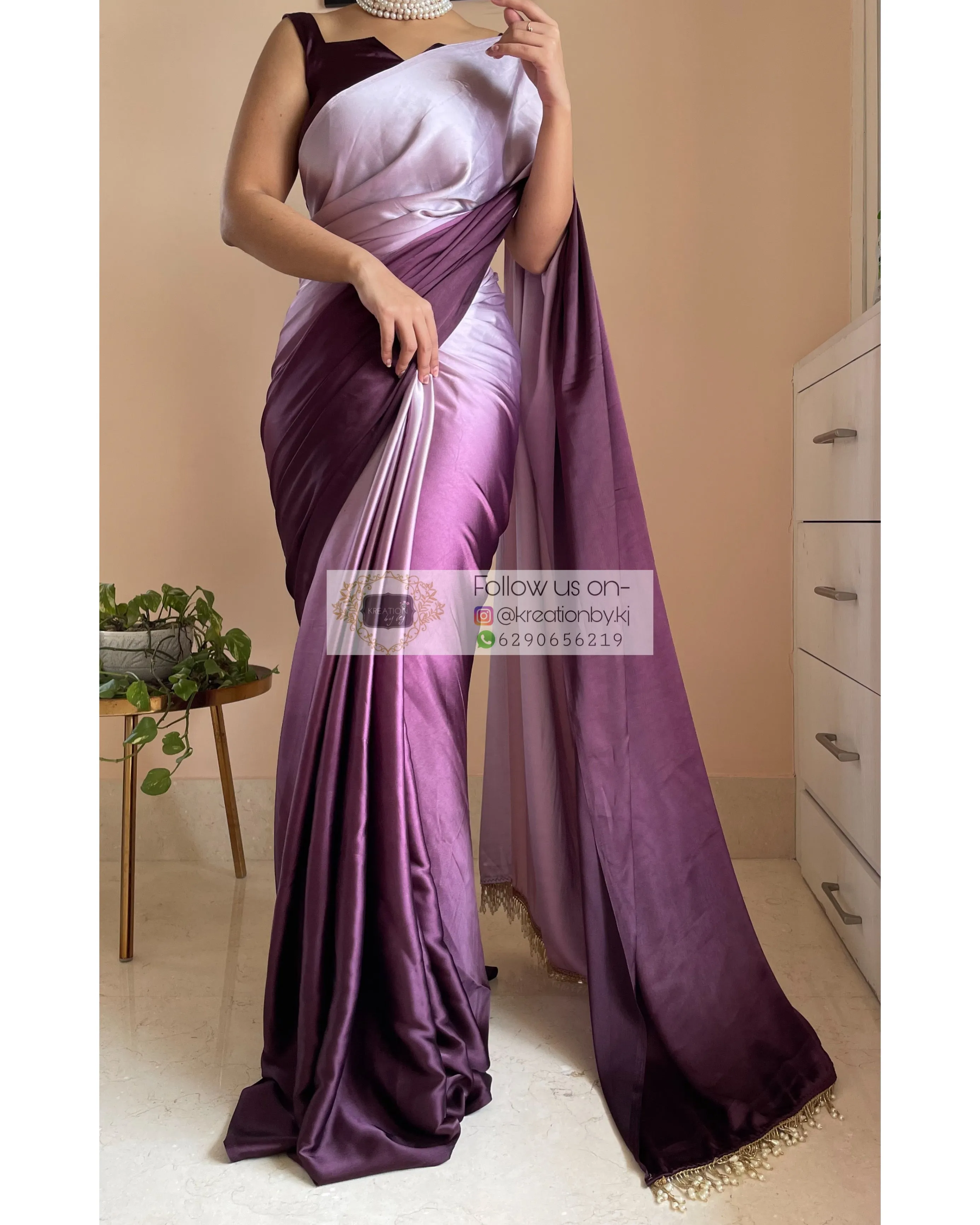 Black Currant Ombré Crepe  Silk Saree with Handmade Tassels on Pallu