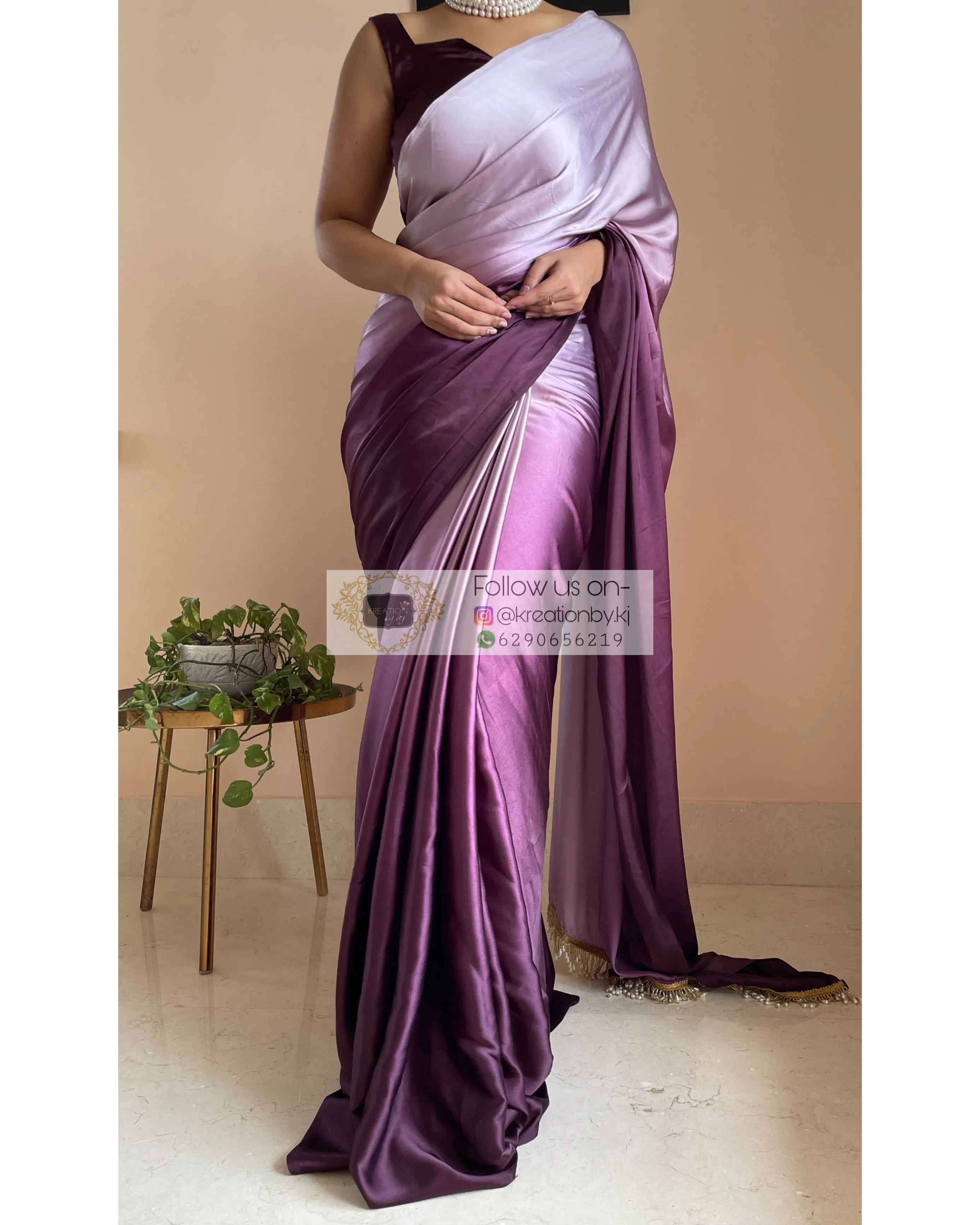 Black Currant Ombré Crepe  Silk Saree with Handmade Tassels on Pallu