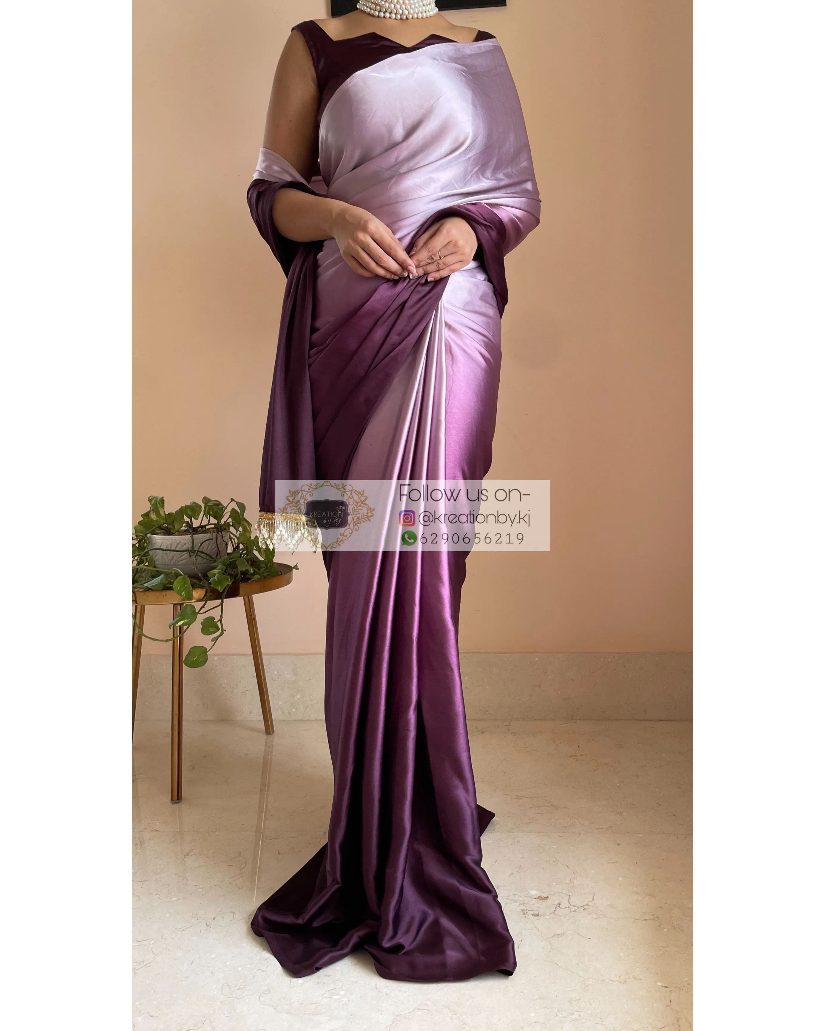 Black Currant Ombré Crepe  Silk Saree with Handmade Tassels on Pallu