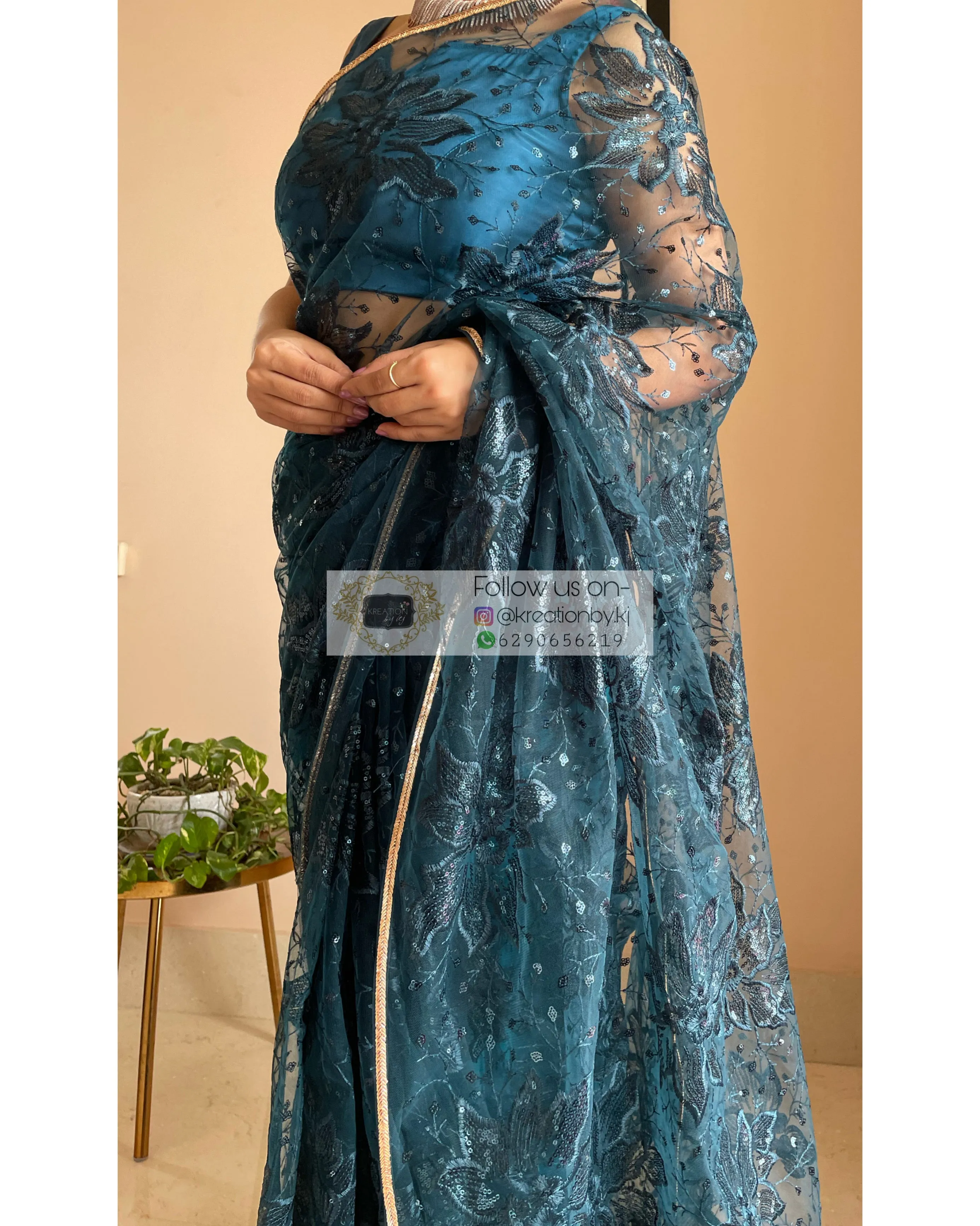 Blue Floral Net Saree