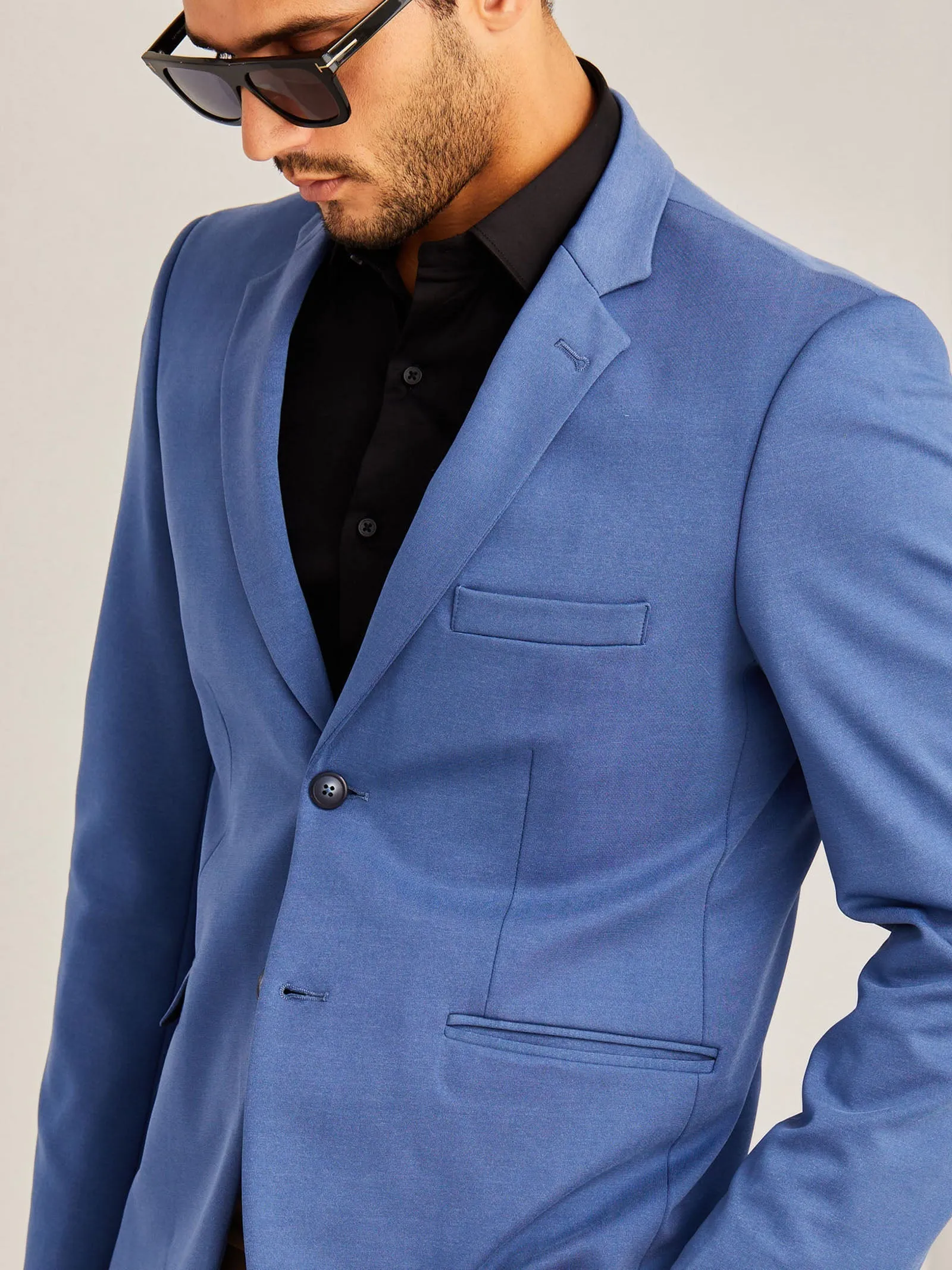 Blue Solid 4-Way Stretch Blazer