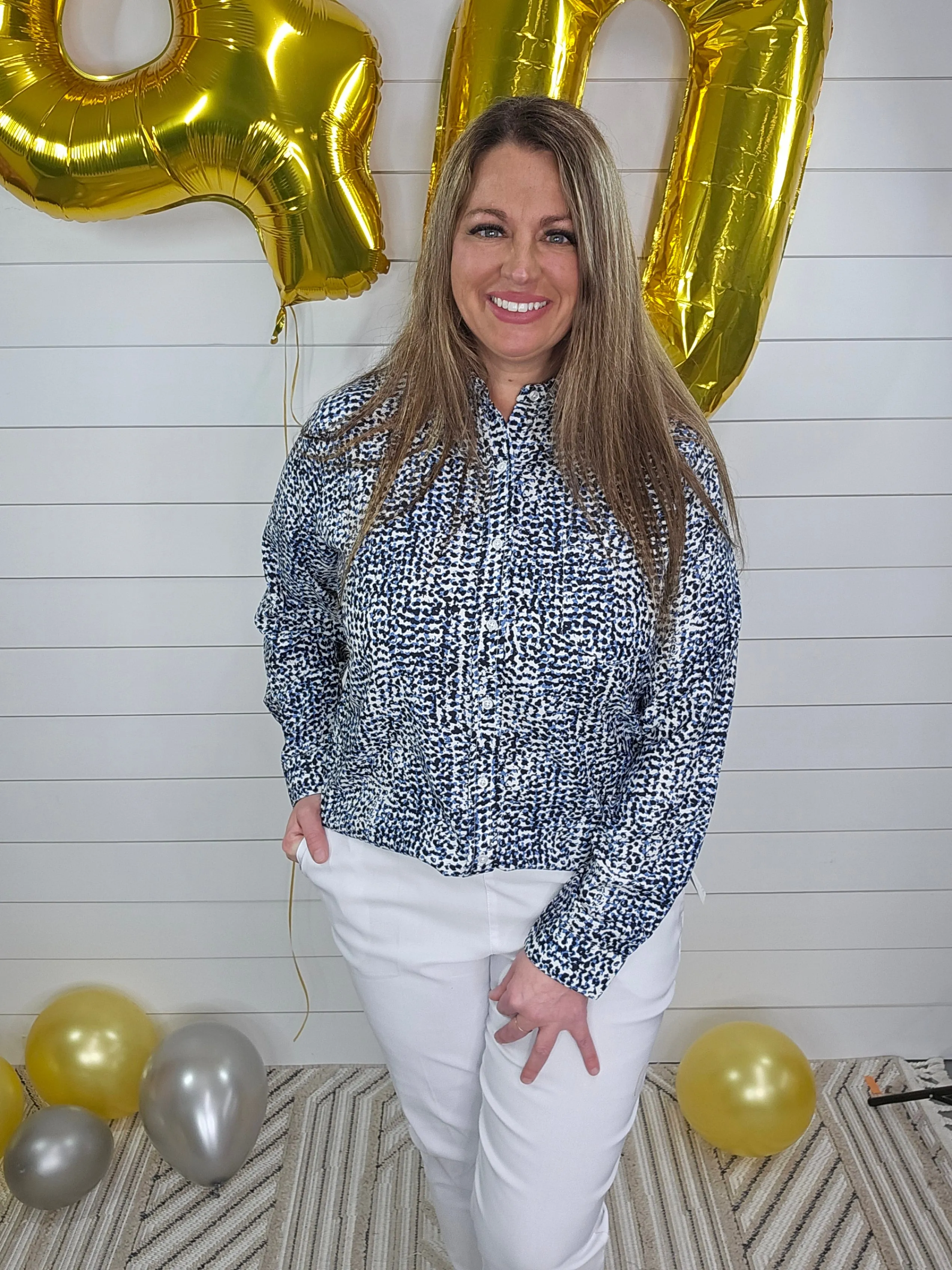 BLUE/BLACK BUTTON UP BLOUSE