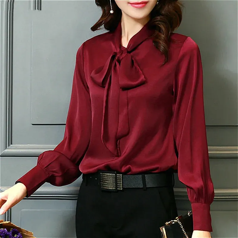 Bow V-Neck Solid 2024 Fashion New Spring Casual Chiffon Lantern Sleeve Office Lady Elegant Top