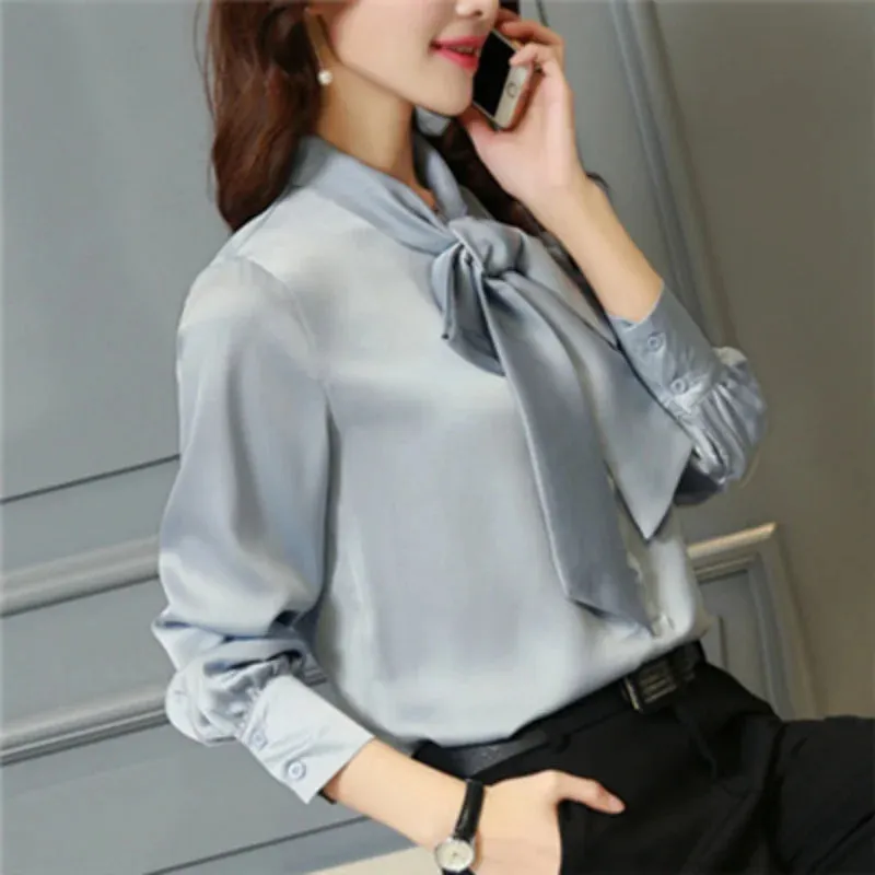 Bow V-Neck Solid 2024 Fashion New Spring Casual Chiffon Lantern Sleeve Office Lady Elegant Top