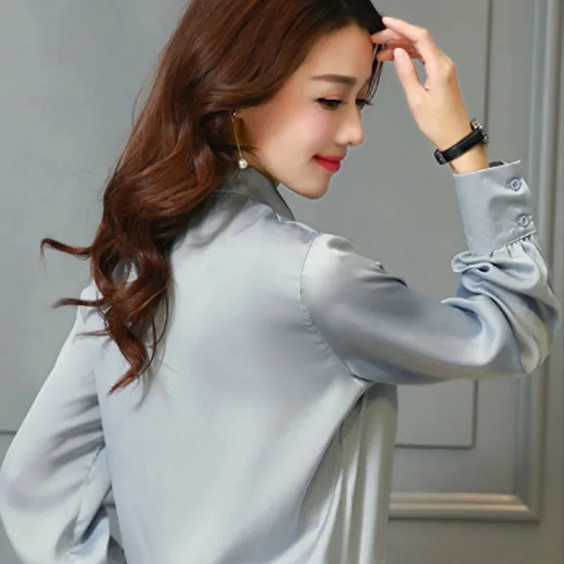 Bow V-Neck Solid 2024 Fashion New Spring Casual Chiffon Lantern Sleeve Office Lady Elegant Top