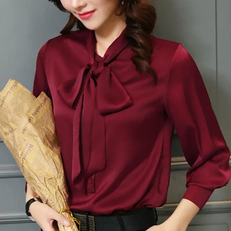 Bow V-Neck Solid 2024 Fashion New Spring Casual Chiffon Lantern Sleeve Office Lady Elegant Top