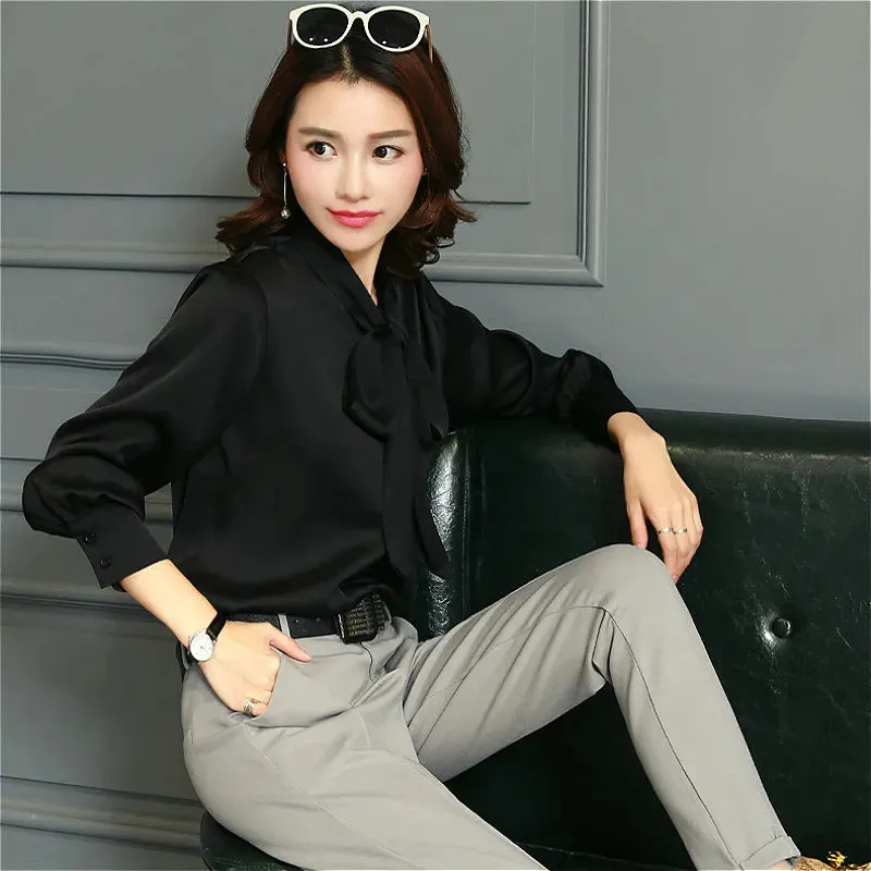 Bow V-Neck Solid 2024 Fashion New Spring Casual Chiffon Lantern Sleeve Office Lady Elegant Top