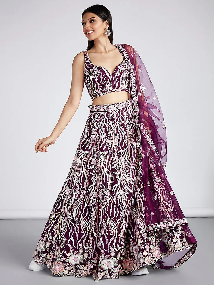 Burgundy Net Sequins embroidery Lehenga Set